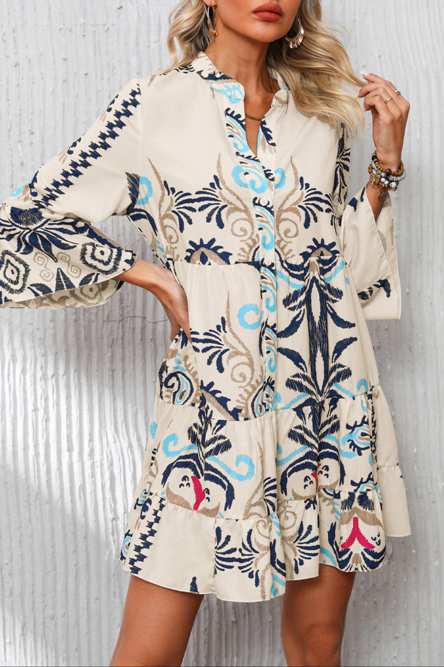 Boho 3/4 Sleeve Buttoned Mini Dress