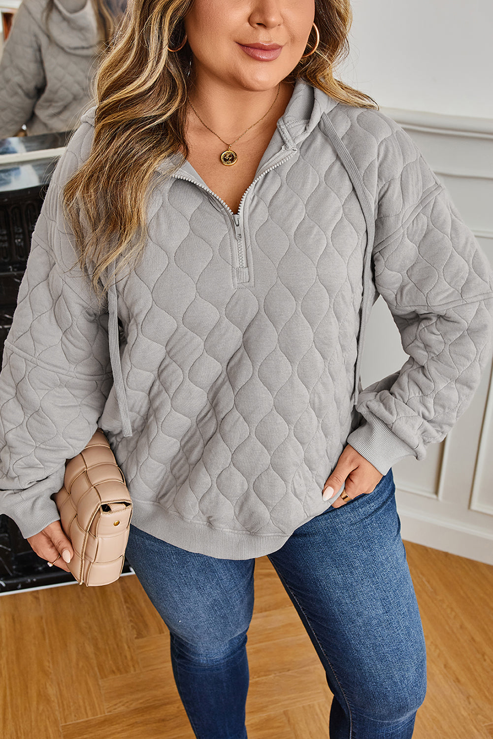 Plus Size Solid Quilted Quarter Zip Hoodie