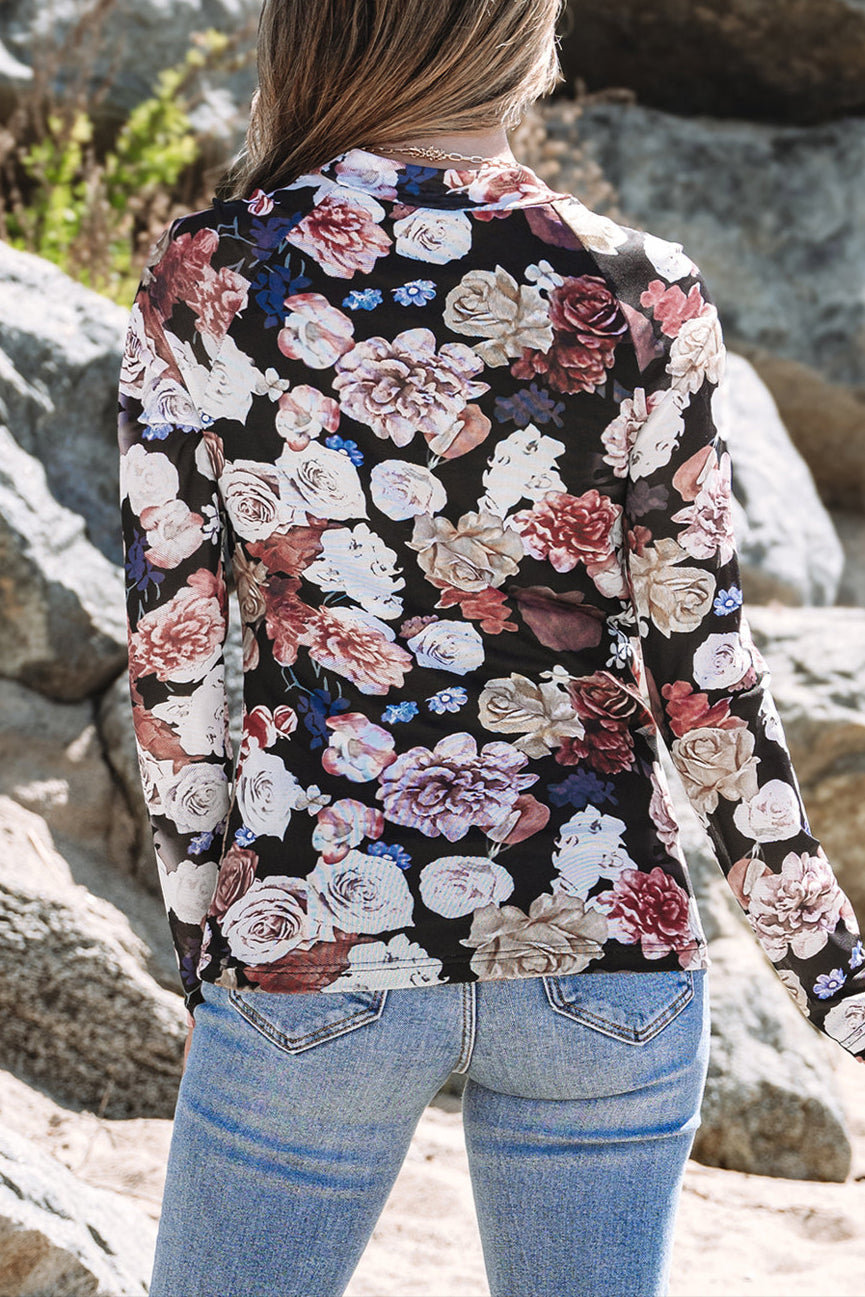 Floral Mesh Mock Neck Top