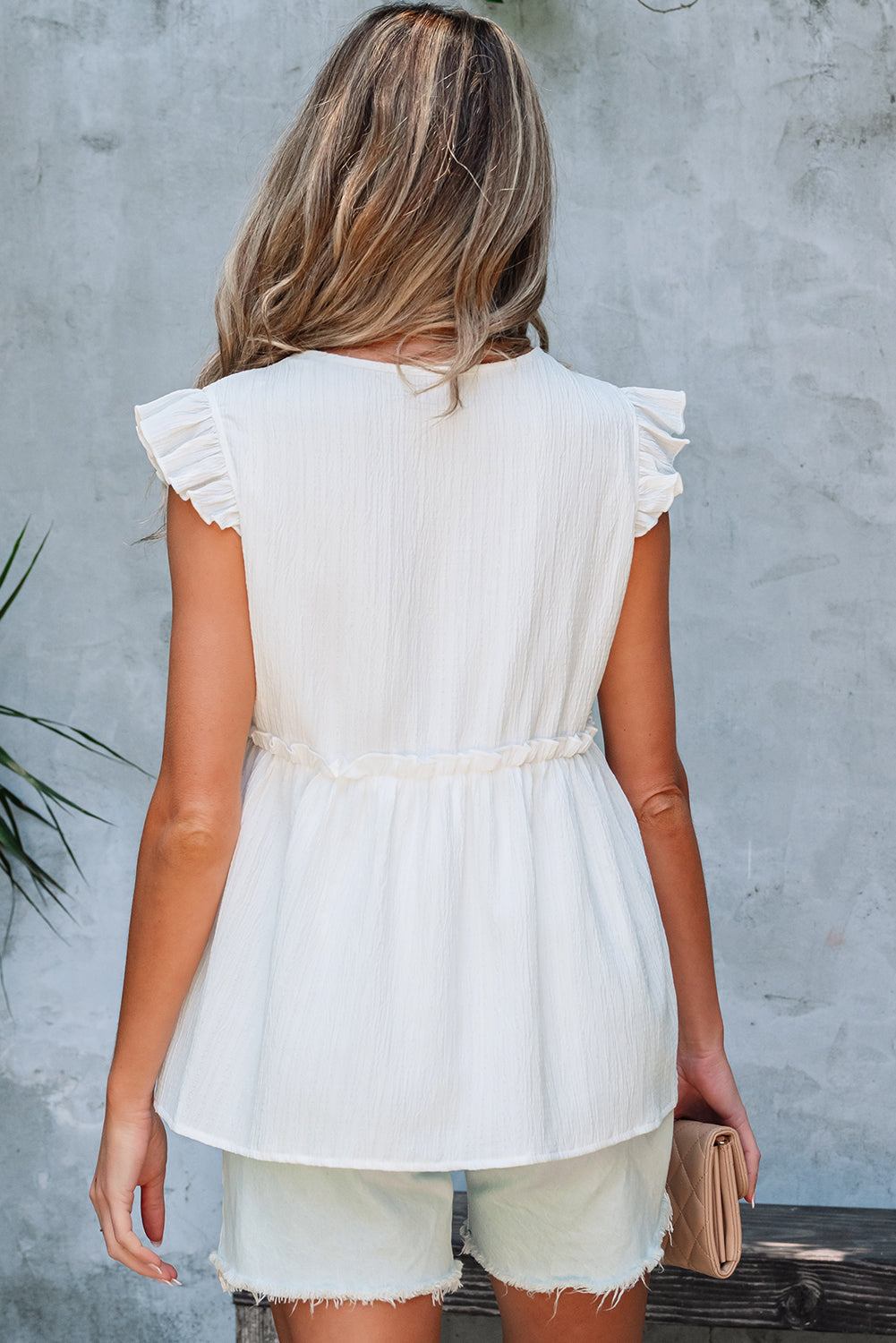 Textured Ruffle Trim V-Neck Top