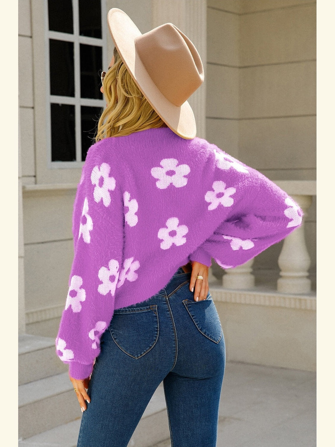 Women Floral Open Front Fuzzy Cardigan Sweater