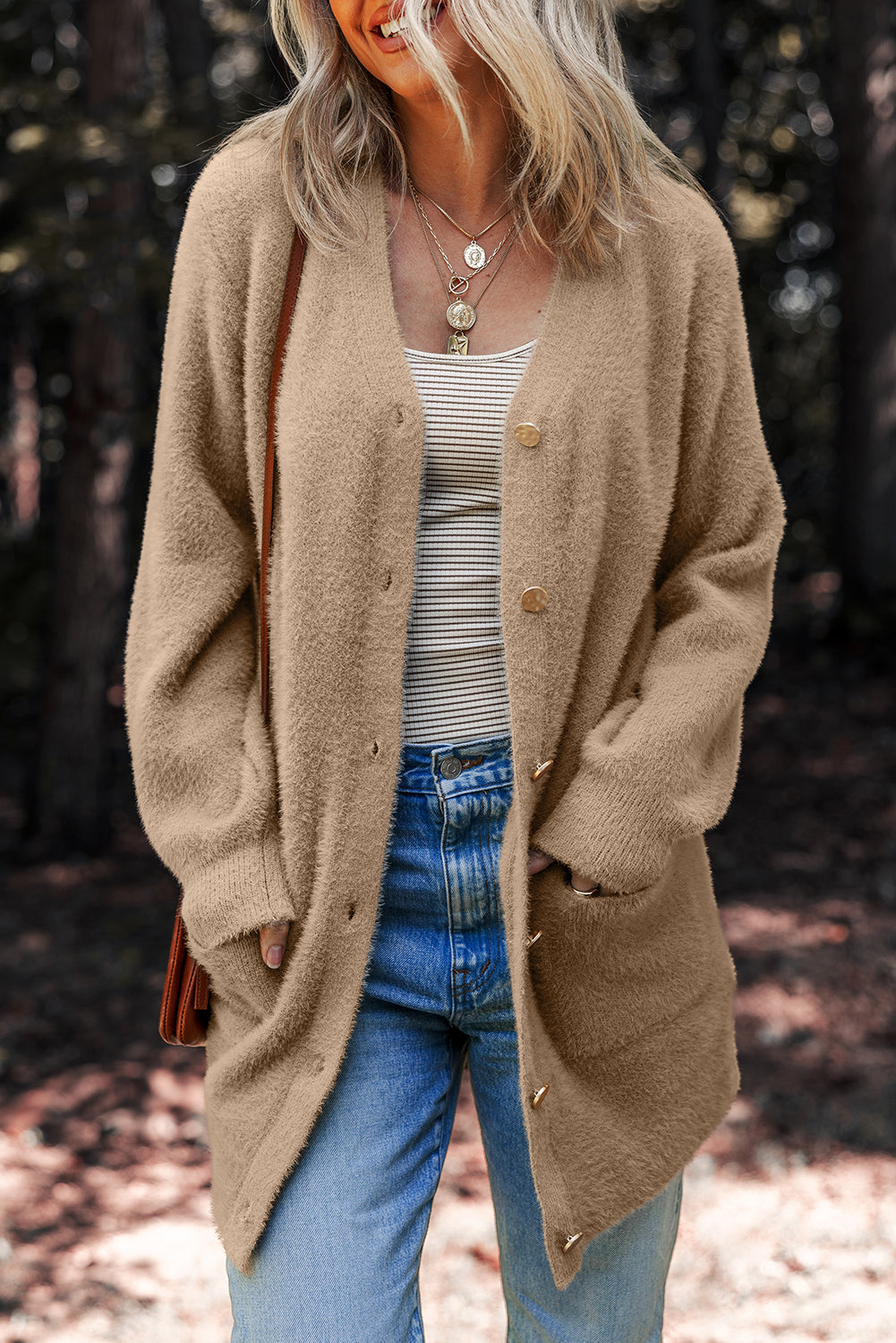 Solid Fuzzy Button-Front Cardigan