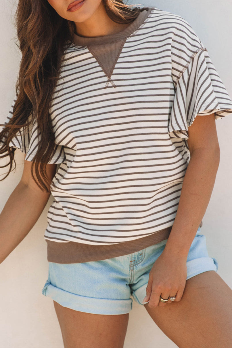 Stripe Contrast Trim Ruffle Sleeve Top