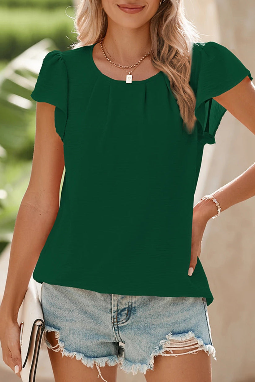 Pleated Flounce Sleeve Textured Blouse