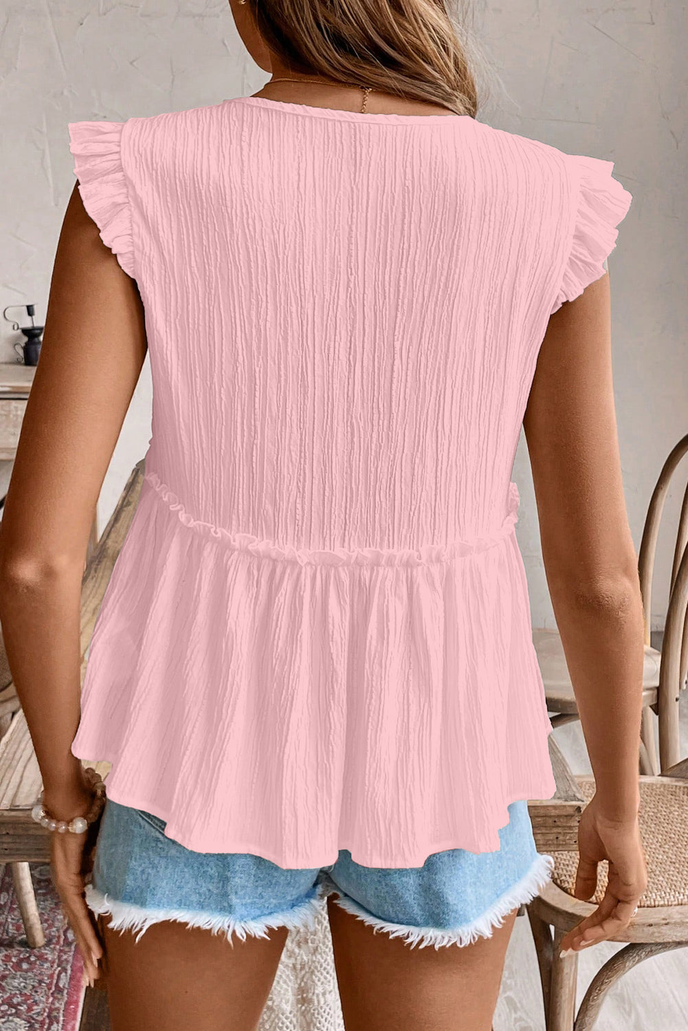 Textured Ruffle Trim V-Neck Top