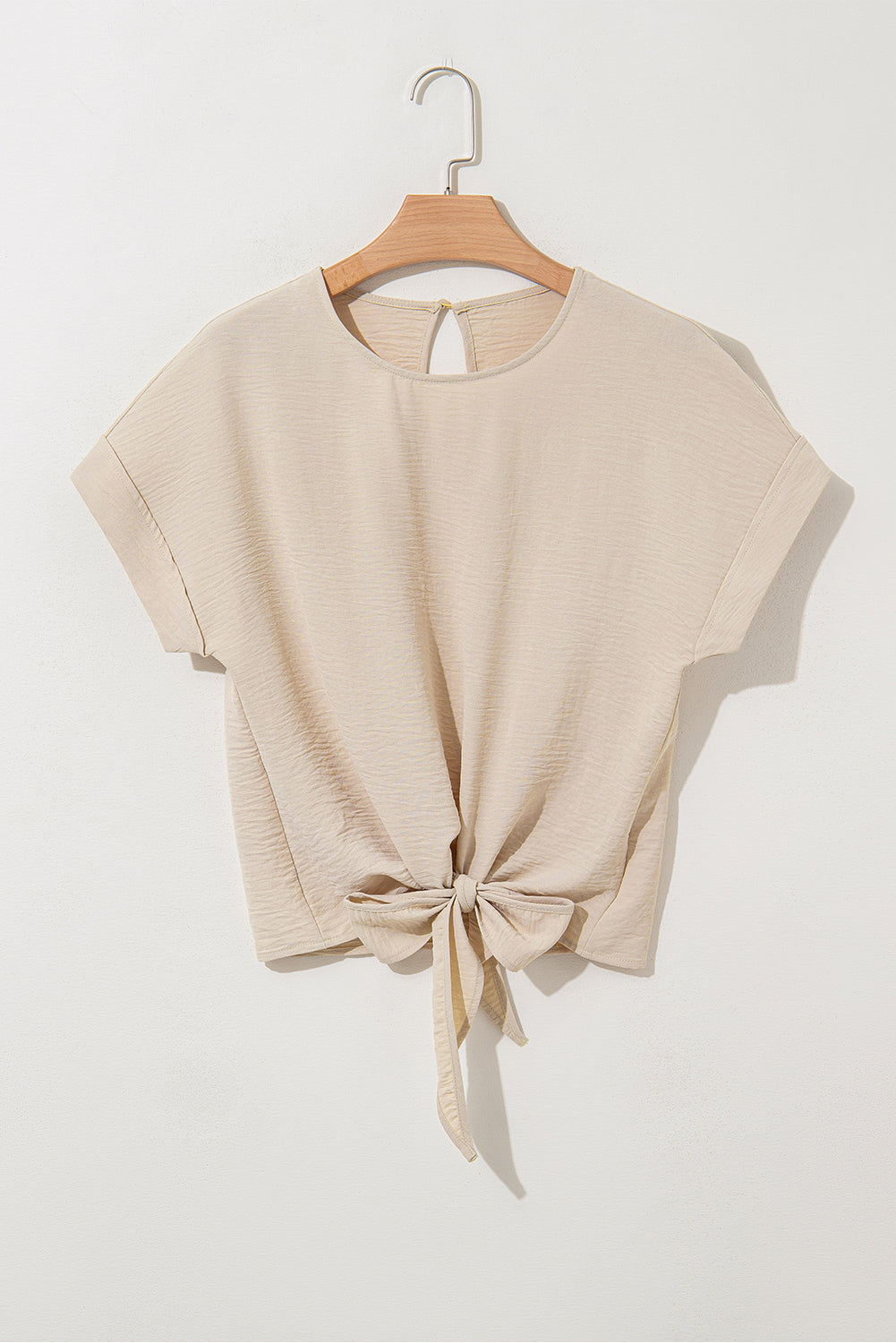 Solid Knotted Hem Short Sleeve Blouse