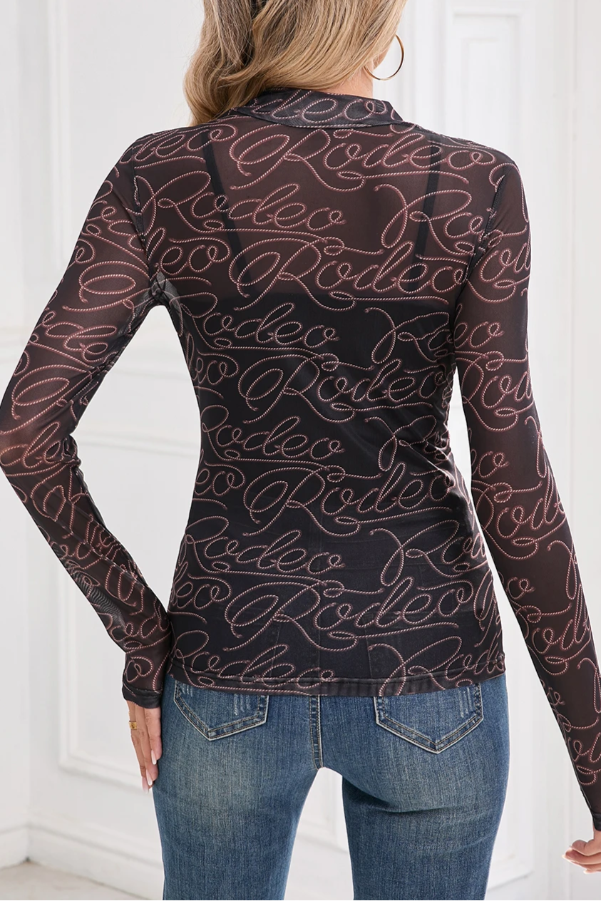 Western Rodeo Mesh Mock Neck Top