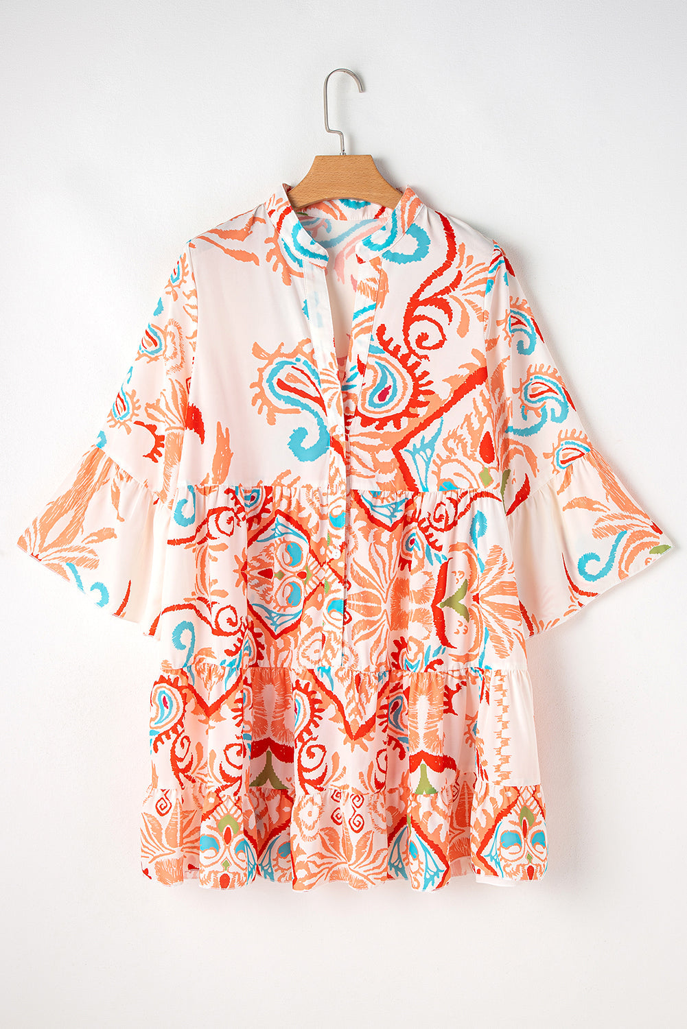 Boho 3/4 Sleeve Buttoned Mini Dress