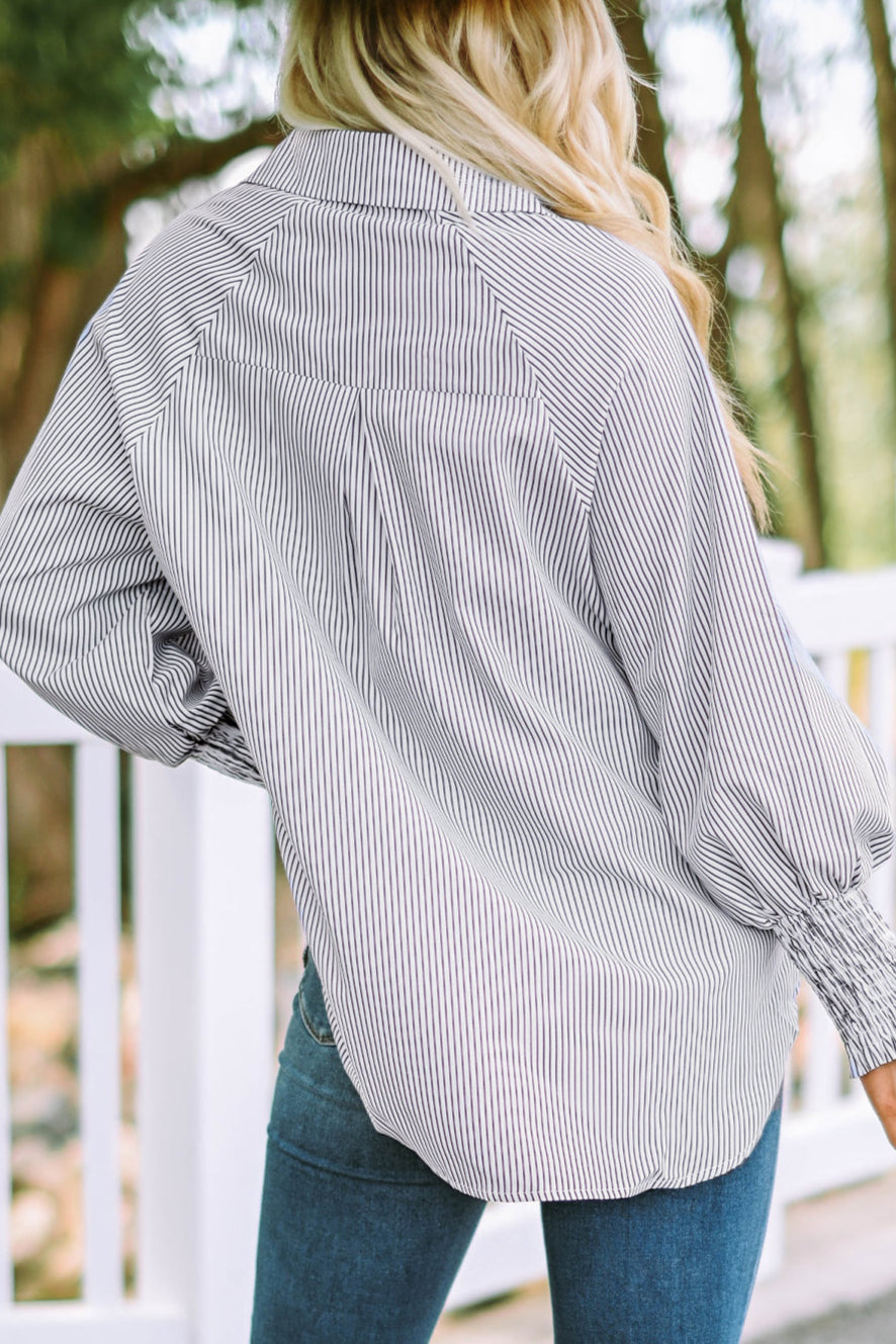 Stripe Smocked Cuff Buttoned Shirt