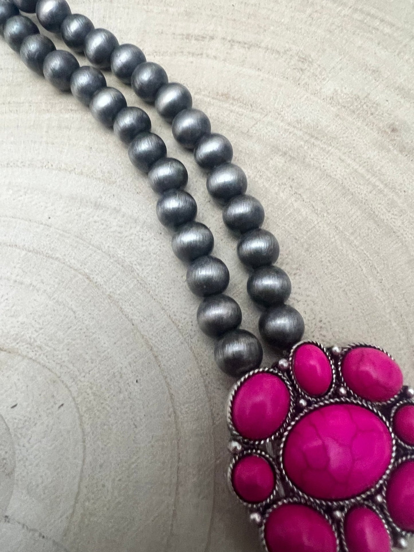 Faux Pink Squash Blossom Necklace on Double Strand Pearls - 18 inch necklace