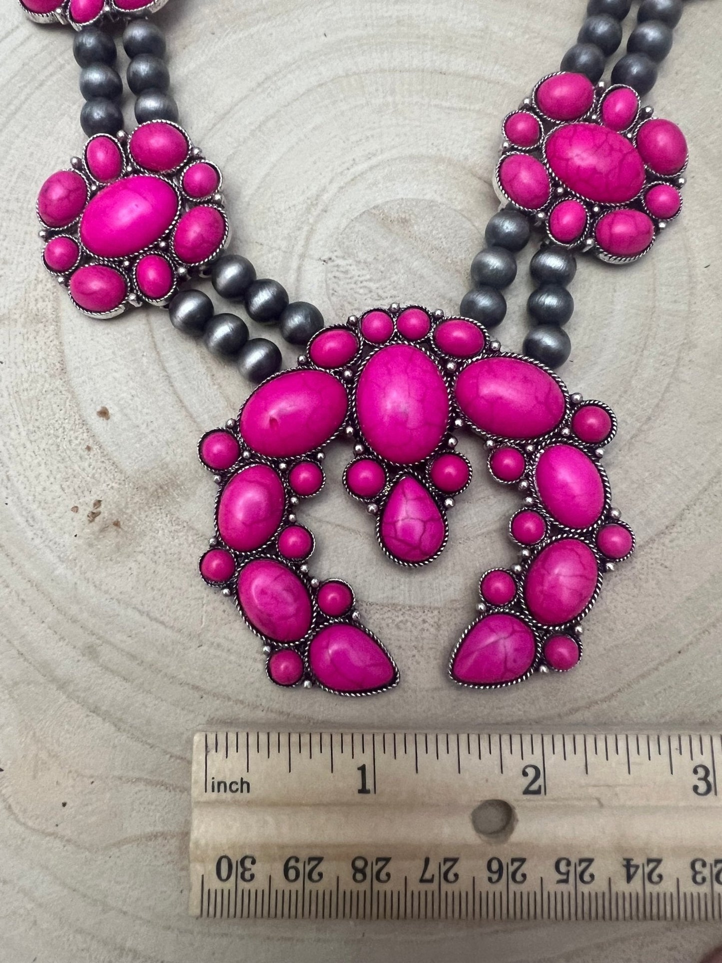Faux Pink Squash Blossom Necklace on Double Strand Pearls - 18 inch necklace