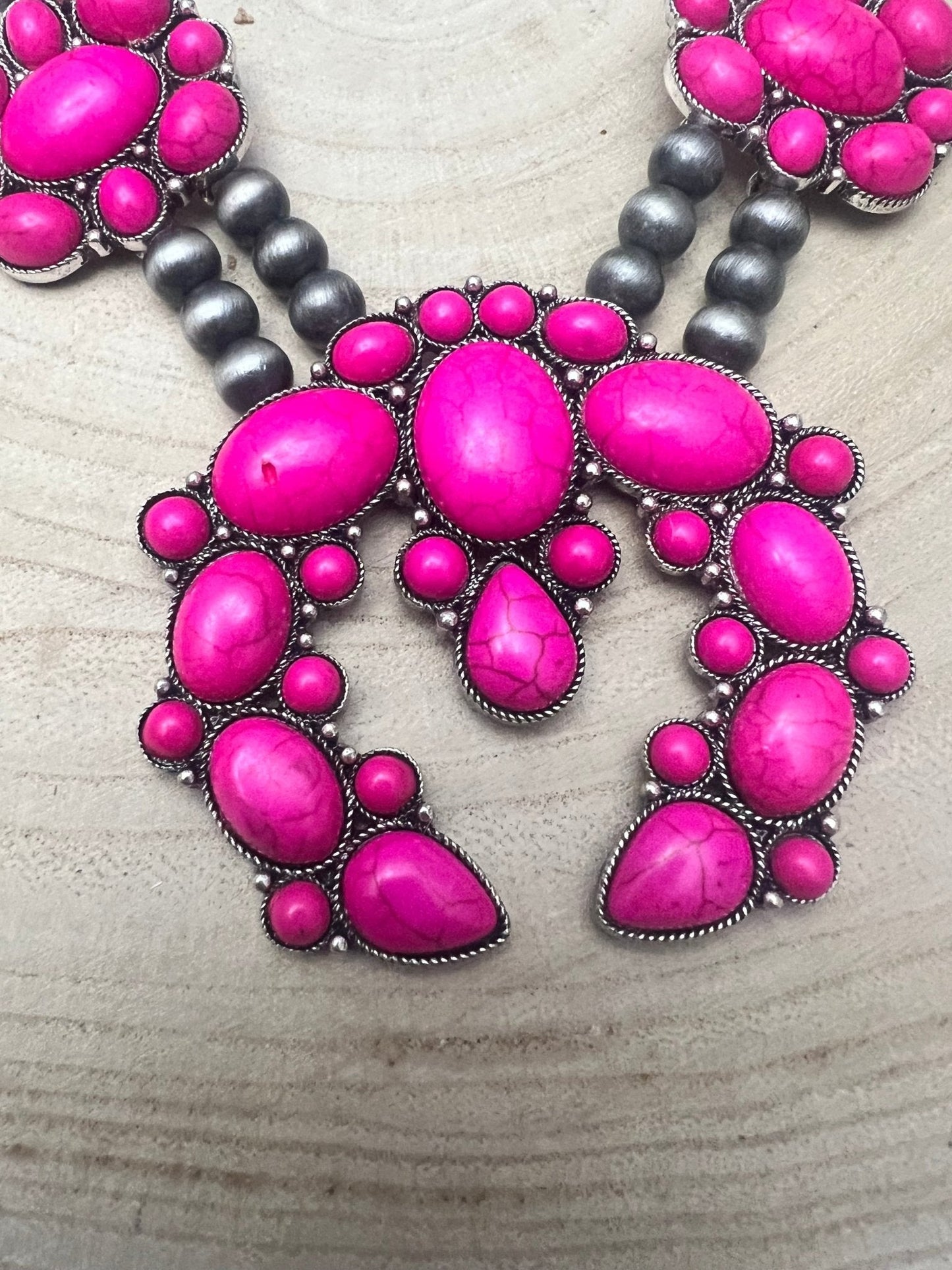 Faux Pink Squash Blossom Necklace on Double Strand Pearls - 18 inch necklace