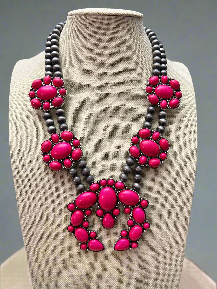 Faux Pink Squash Blossom Necklace on Double Strand Pearls - 18 inch necklace