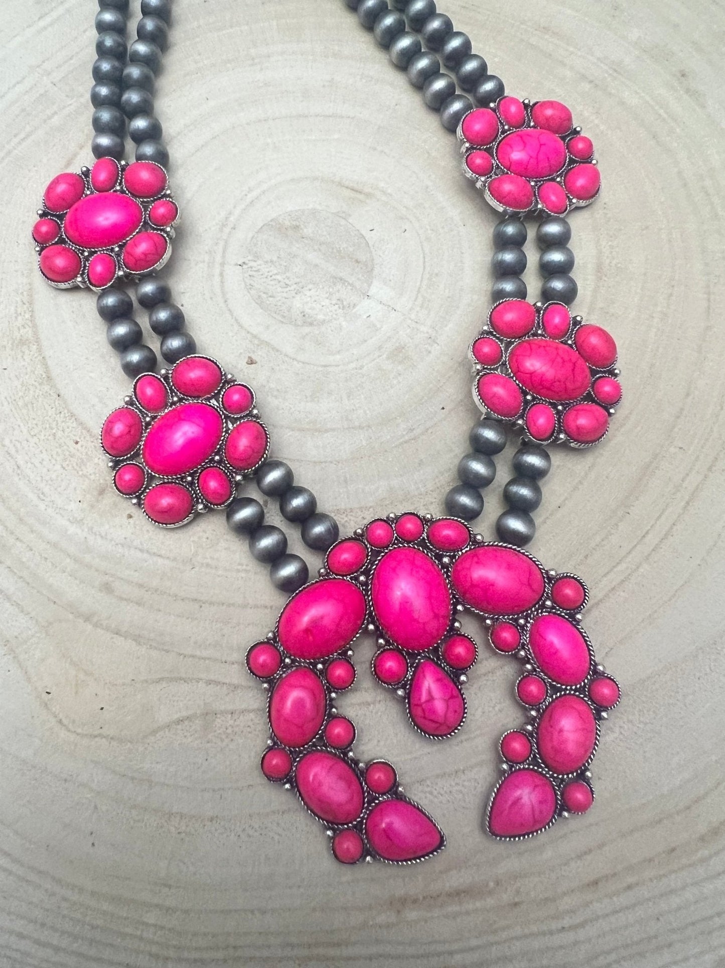 Faux Pink Squash Blossom Necklace on Double Strand Pearls - 18 inch necklace