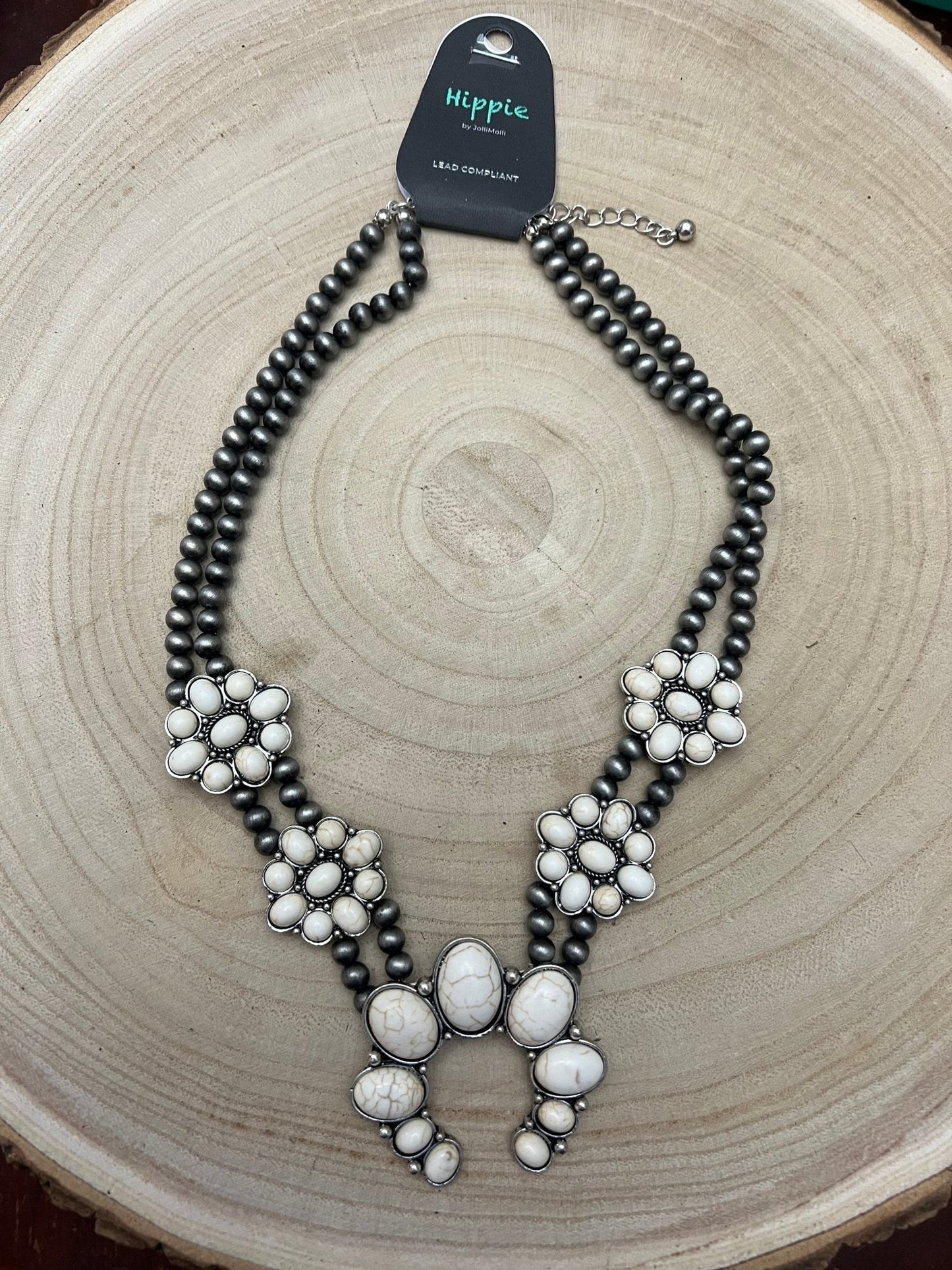 Faux White Buffalo Double Strand Squash Blossom Necklace - 18 inch