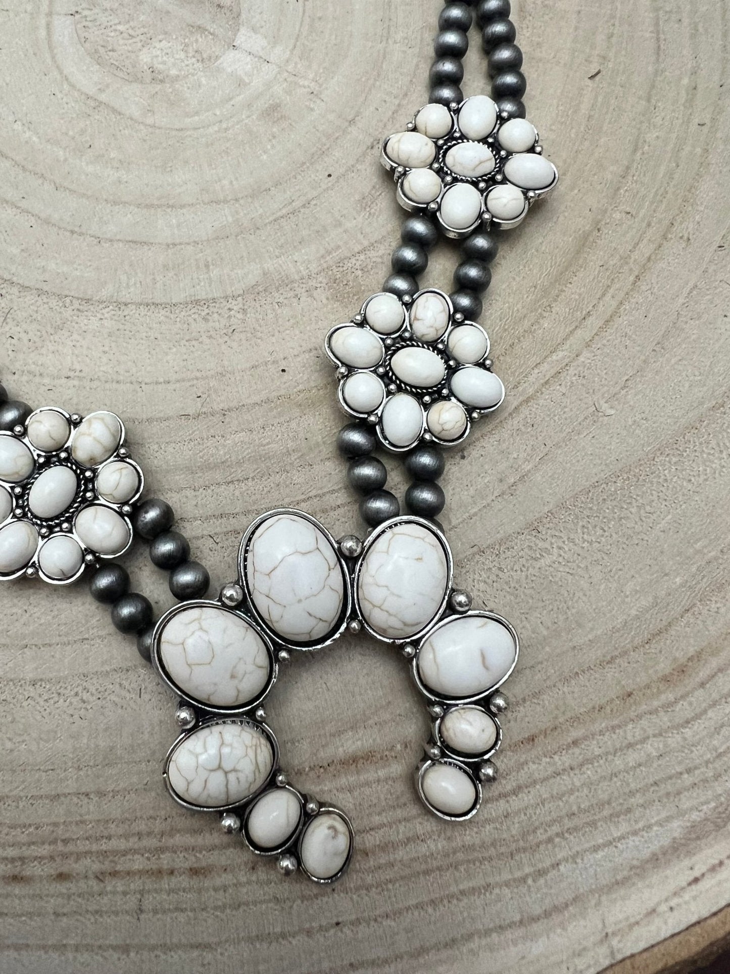 Faux White Buffalo Double Strand Squash Blossom Necklace - 18 inch