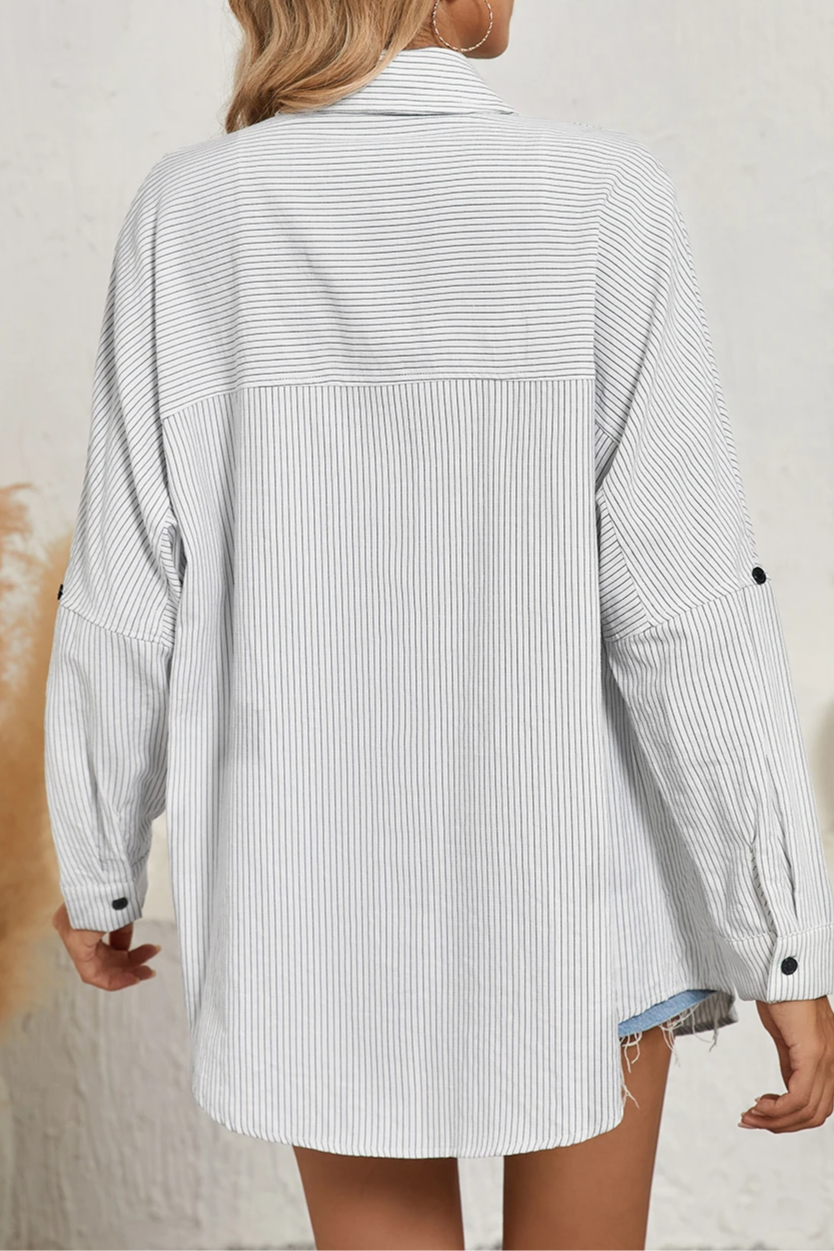 Stripe Roll-Tab Sleeve Pocketed Shirt