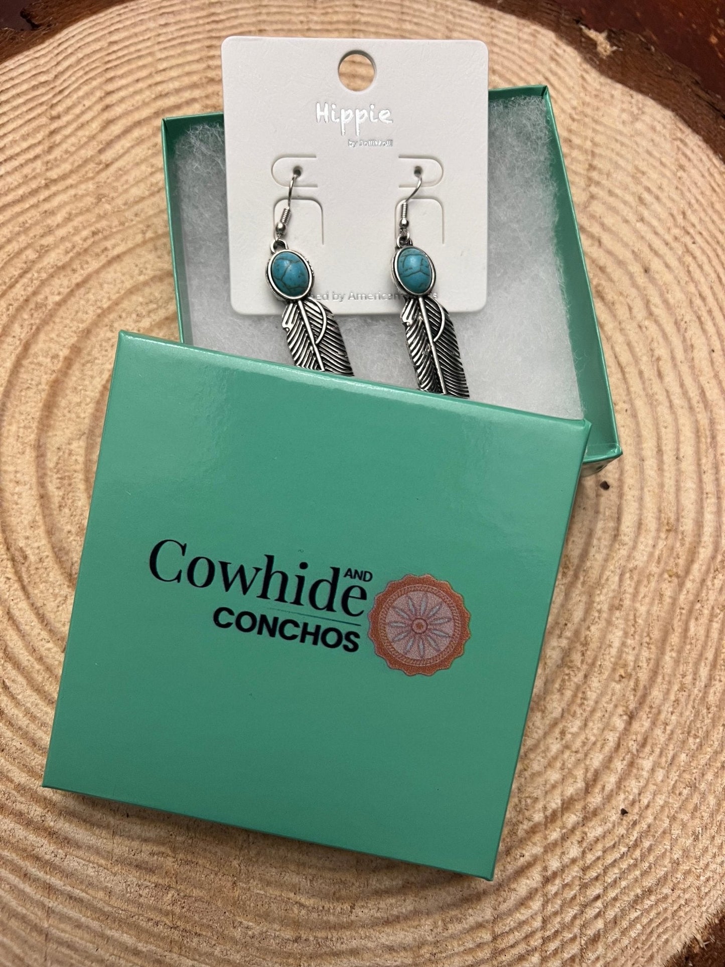 Feather Earrings with Faux Turquoise - 2 inch drop