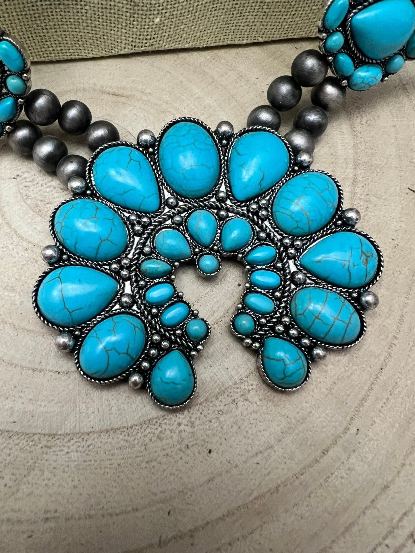 Huge Double Strand Faux Turquoise Squash Blossom Statement Necklace - 32 inch + 3
