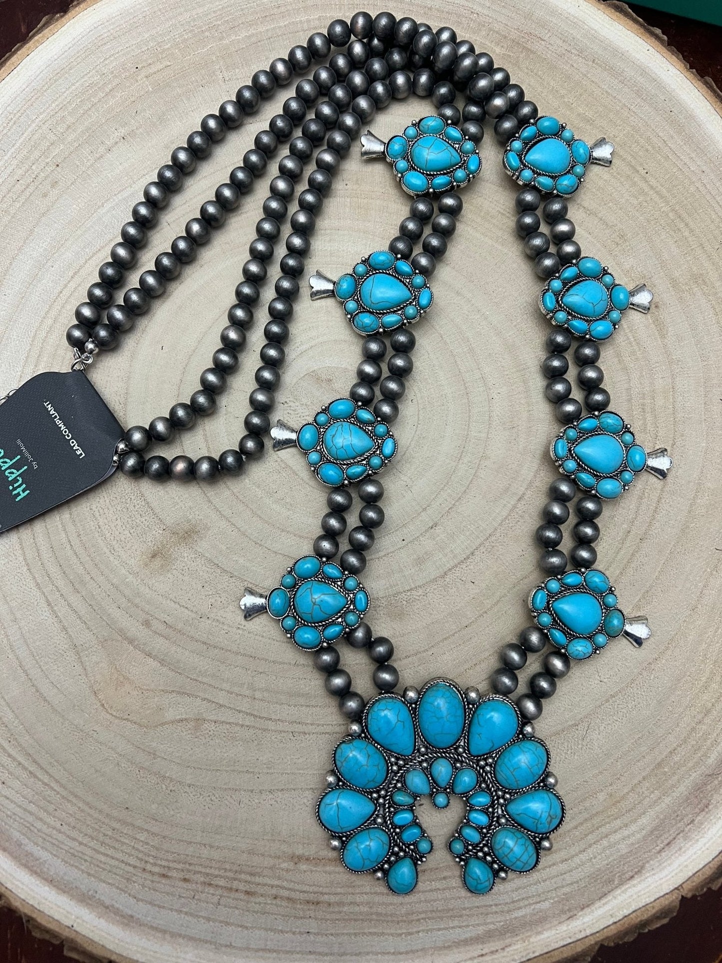 Huge Double Strand Faux Turquoise Squash Blossom Statement Necklace - 32 inch + 3