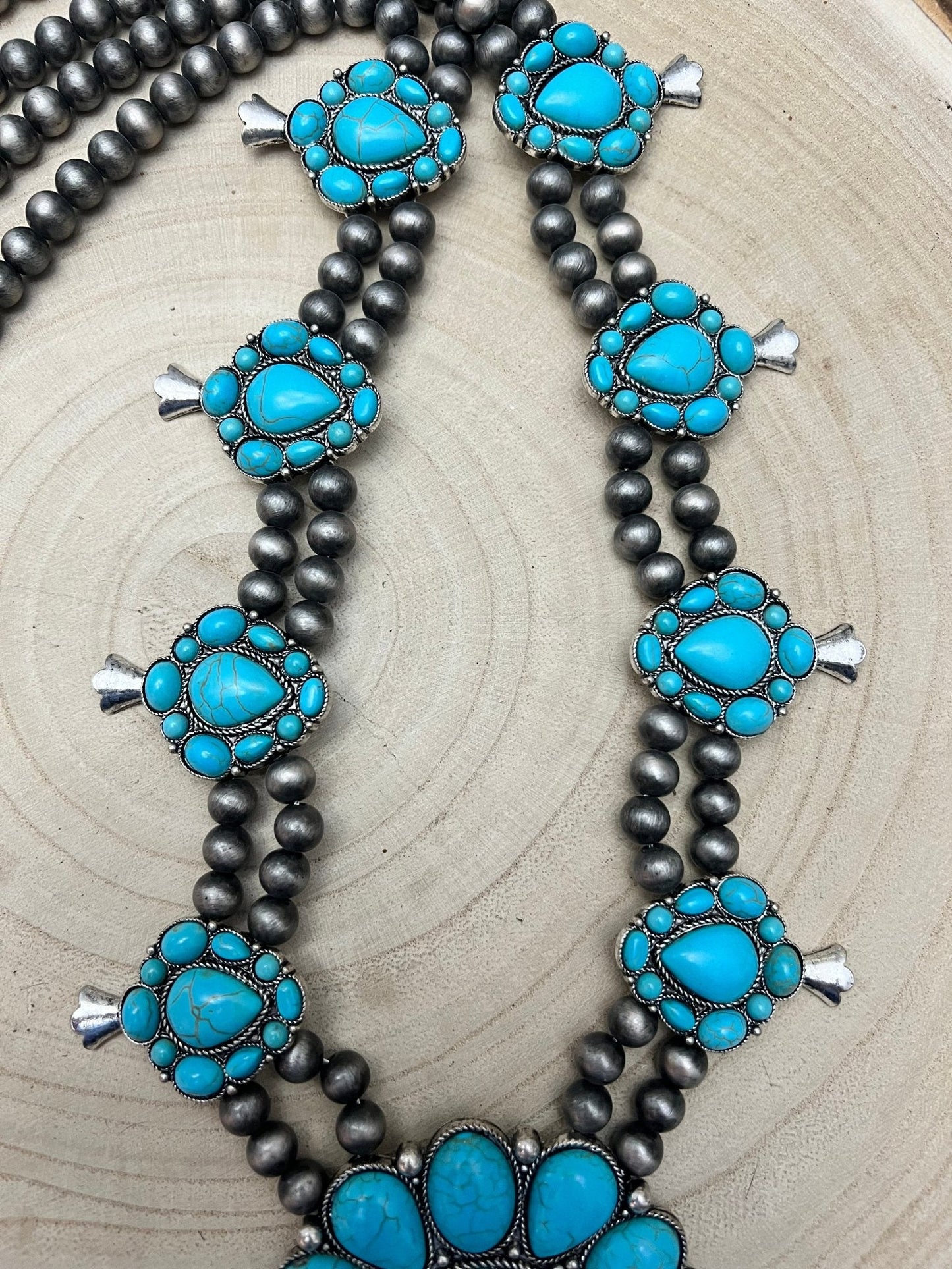 Huge Double Strand Faux Turquoise Squash Blossom Statement Necklace - 32 inch + 3