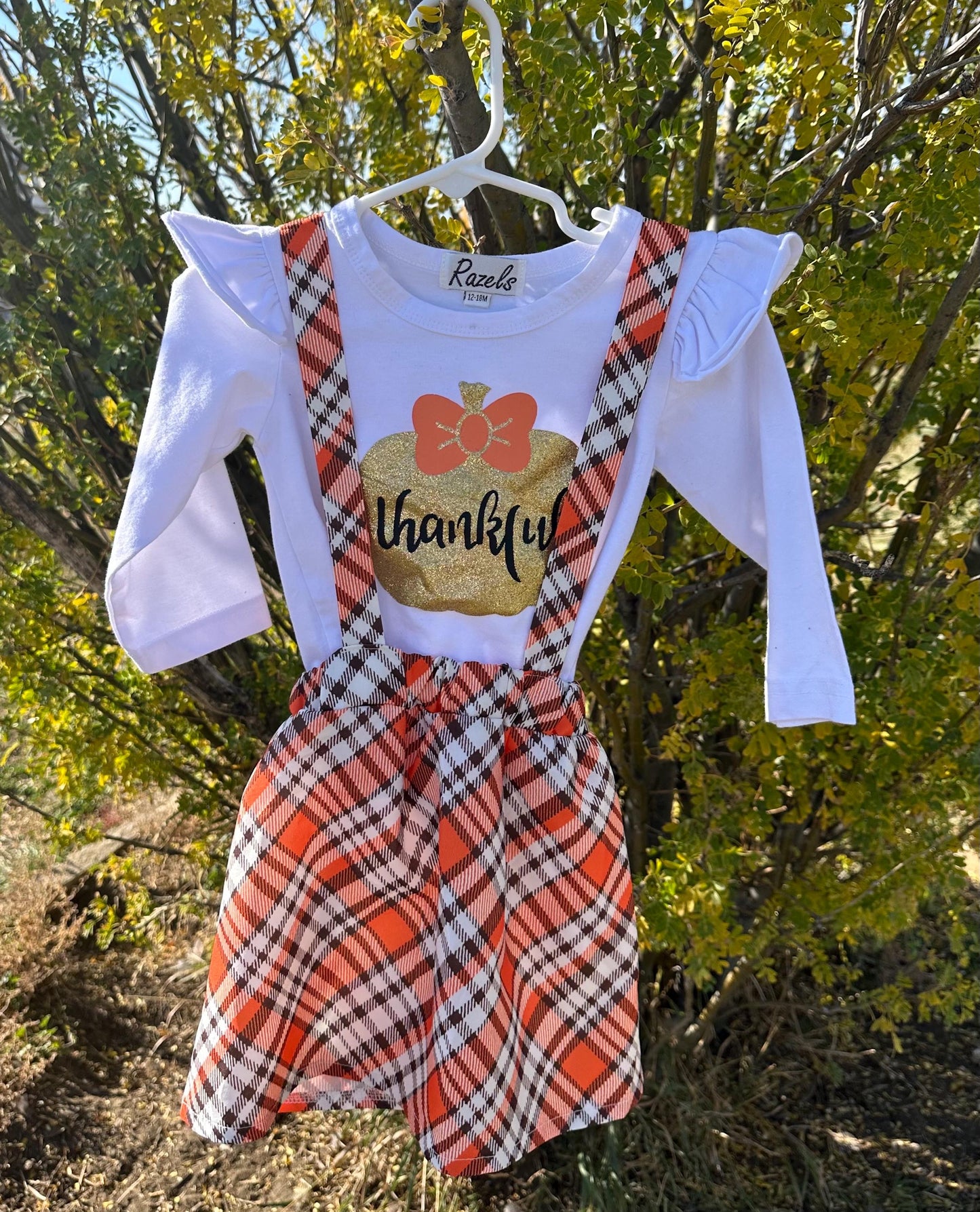 Toddler Girl Thanksgiving Outfit ā Thankful Pumpkin Shirt & Fall Plaid Skirt | Cute Thanksgiving Clothing