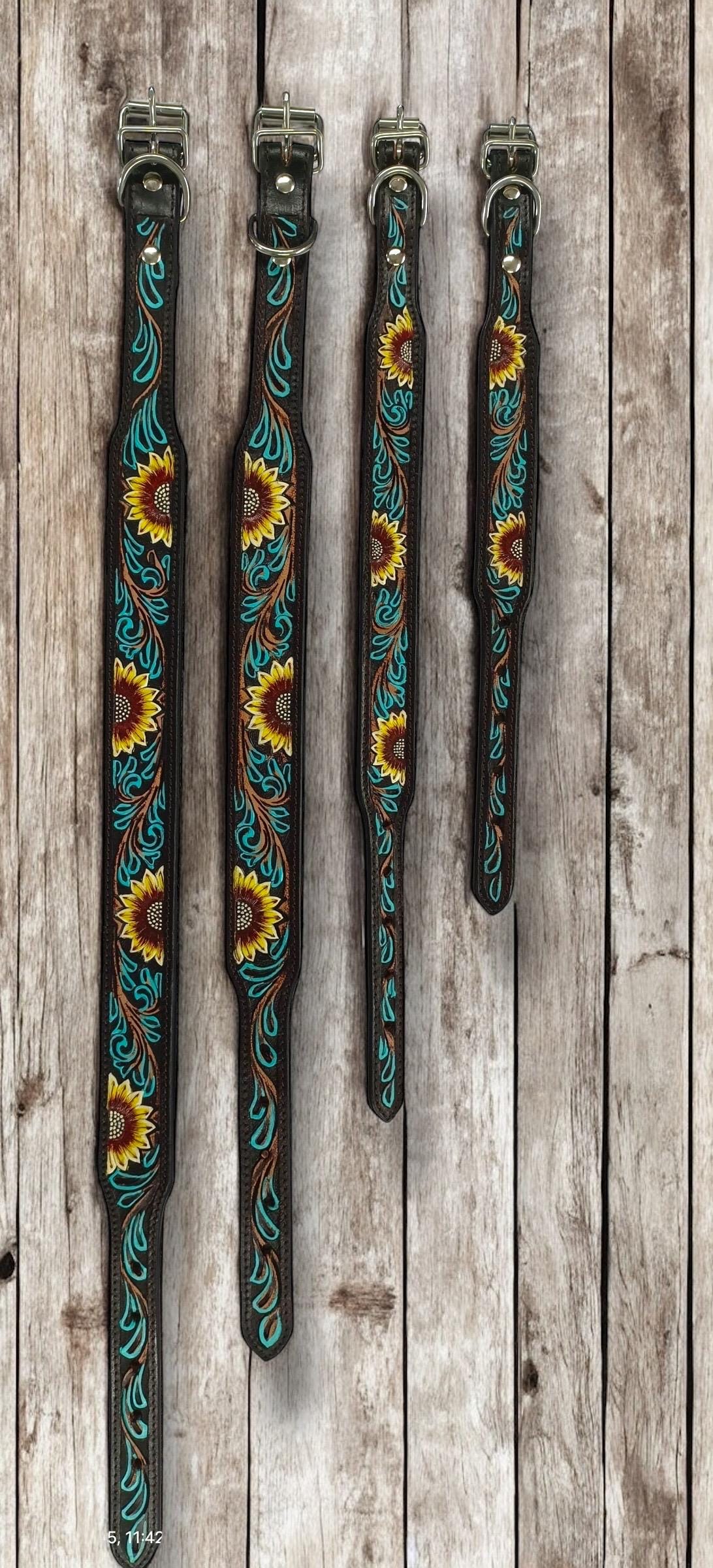 Western Genuine Leather dog collar tooled details aces cards sunflower feather rhinestone cactus floral by Double B Wild Rags