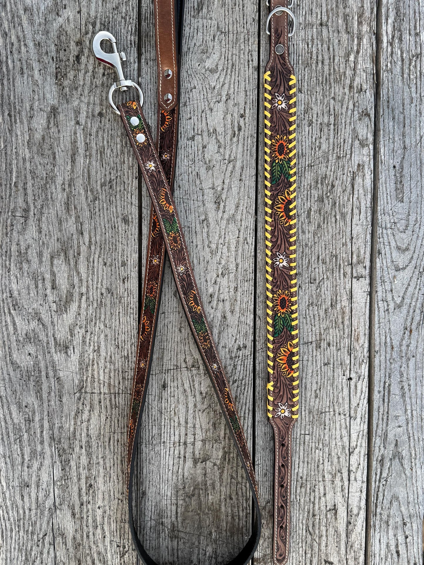 Western Genuine Leather dog collar or leash tooled details of sunflower daisy cactus floral turquoise feather by Double B Wild Rags
