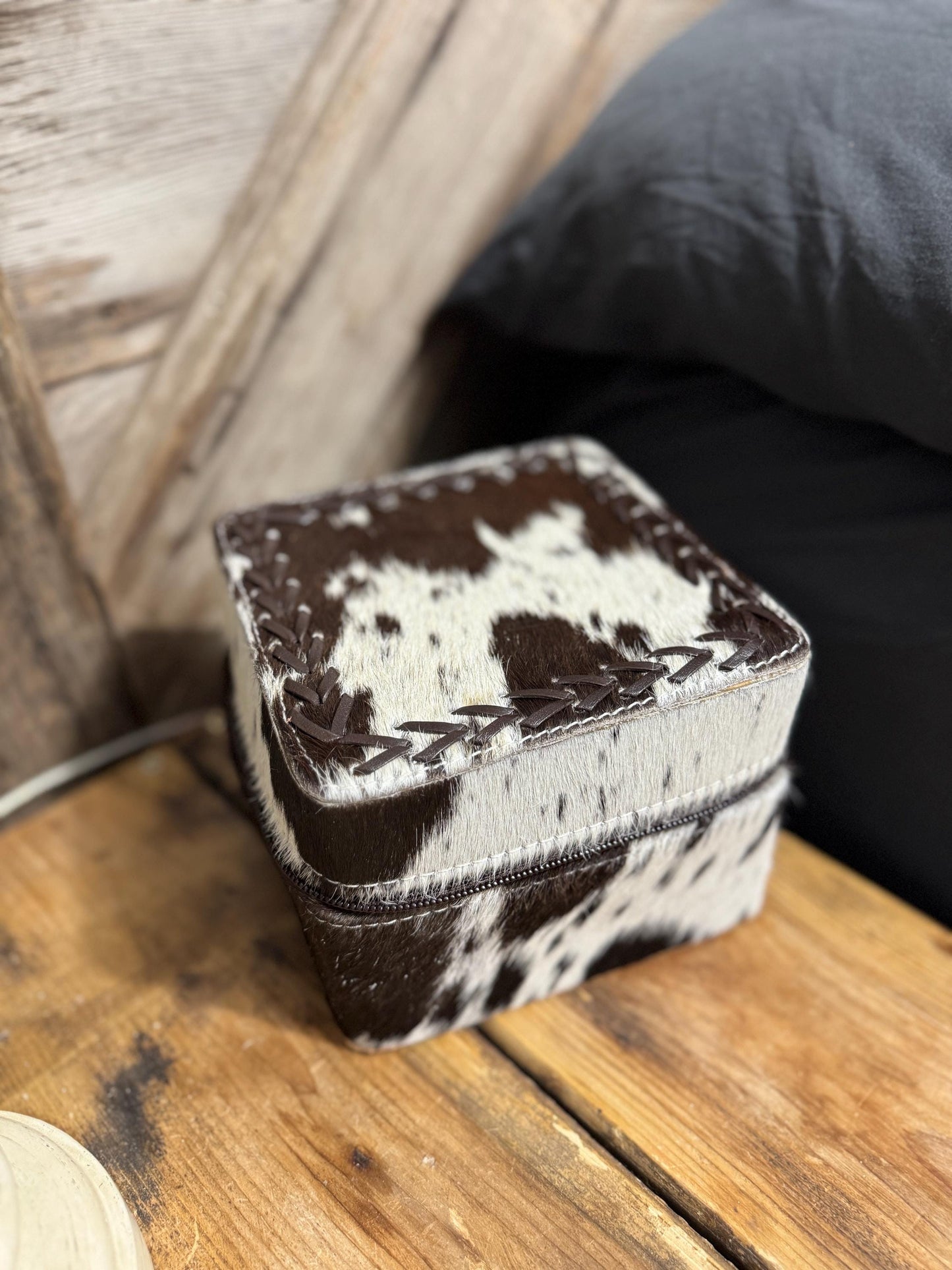 Western Cowhide Leather jewelry trinket box Black hide by Double B Wild Rags