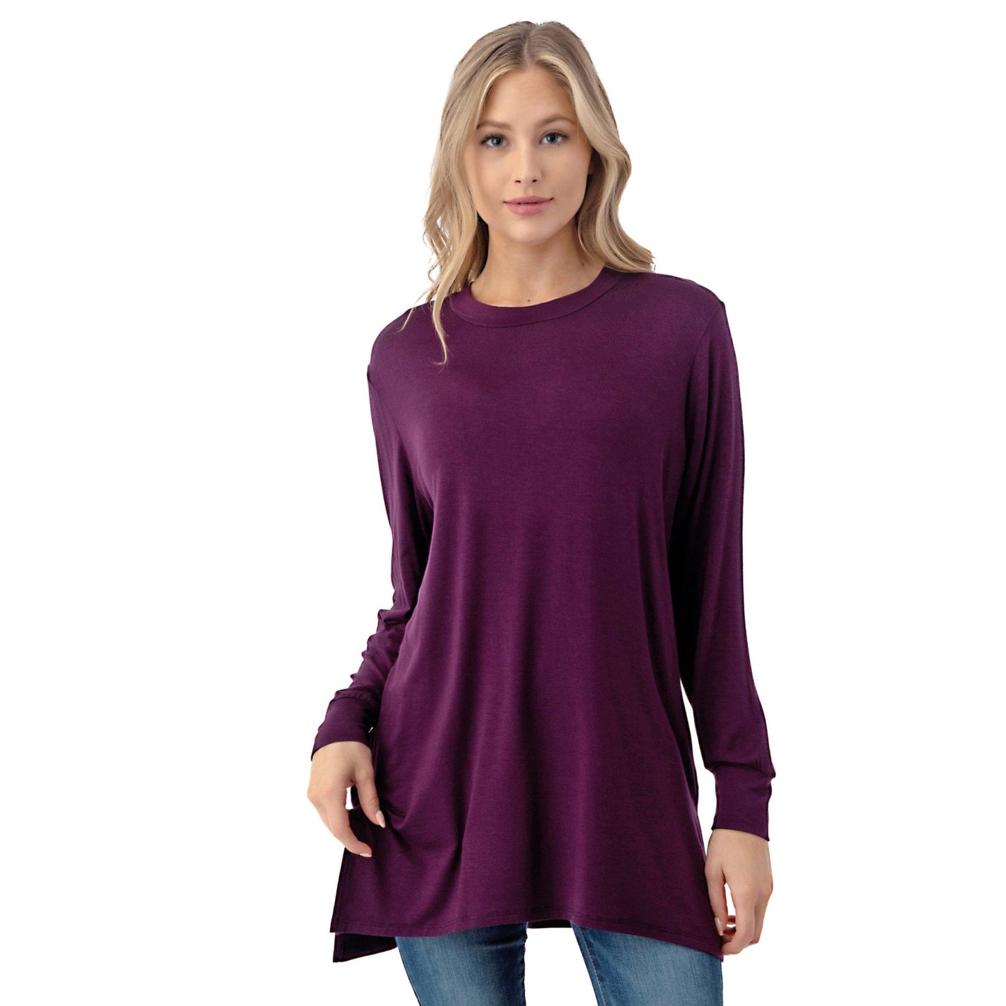 Long Sleeve Double Side Slit Tunic: Eggplant - Small and medium available