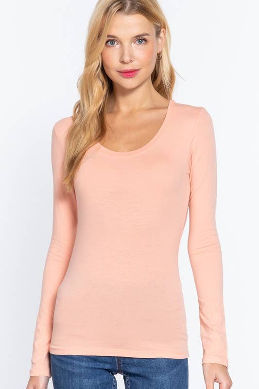 Long Sleeve Scoop Neck Top - Truffle or Petal Pink