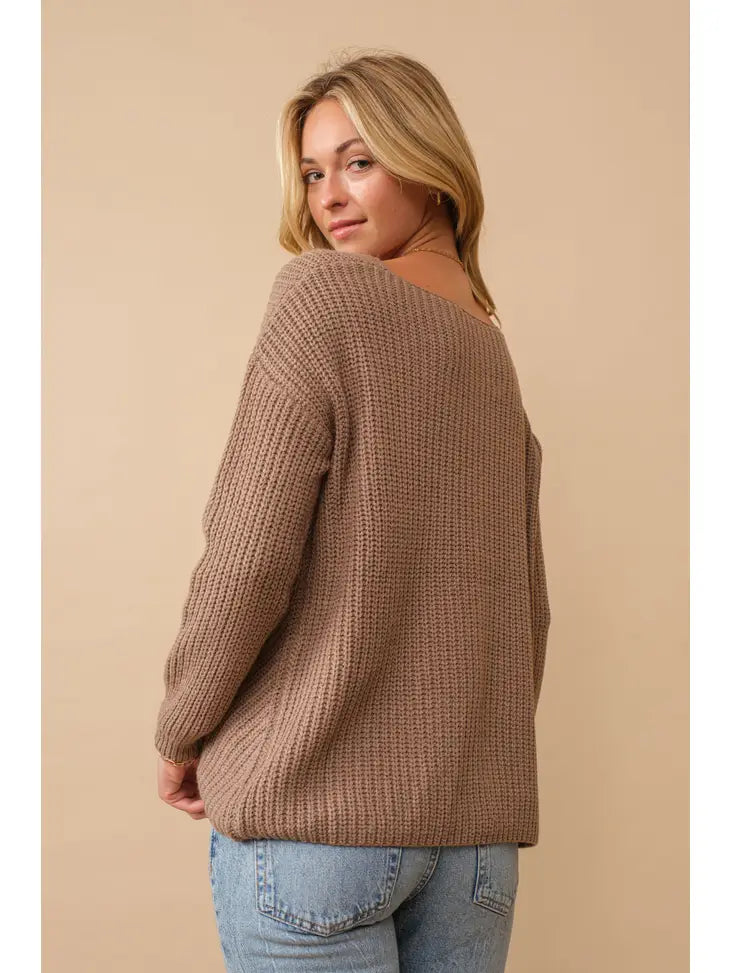 Ribbed Knit Sweater w/ Center Lace up- Mocha