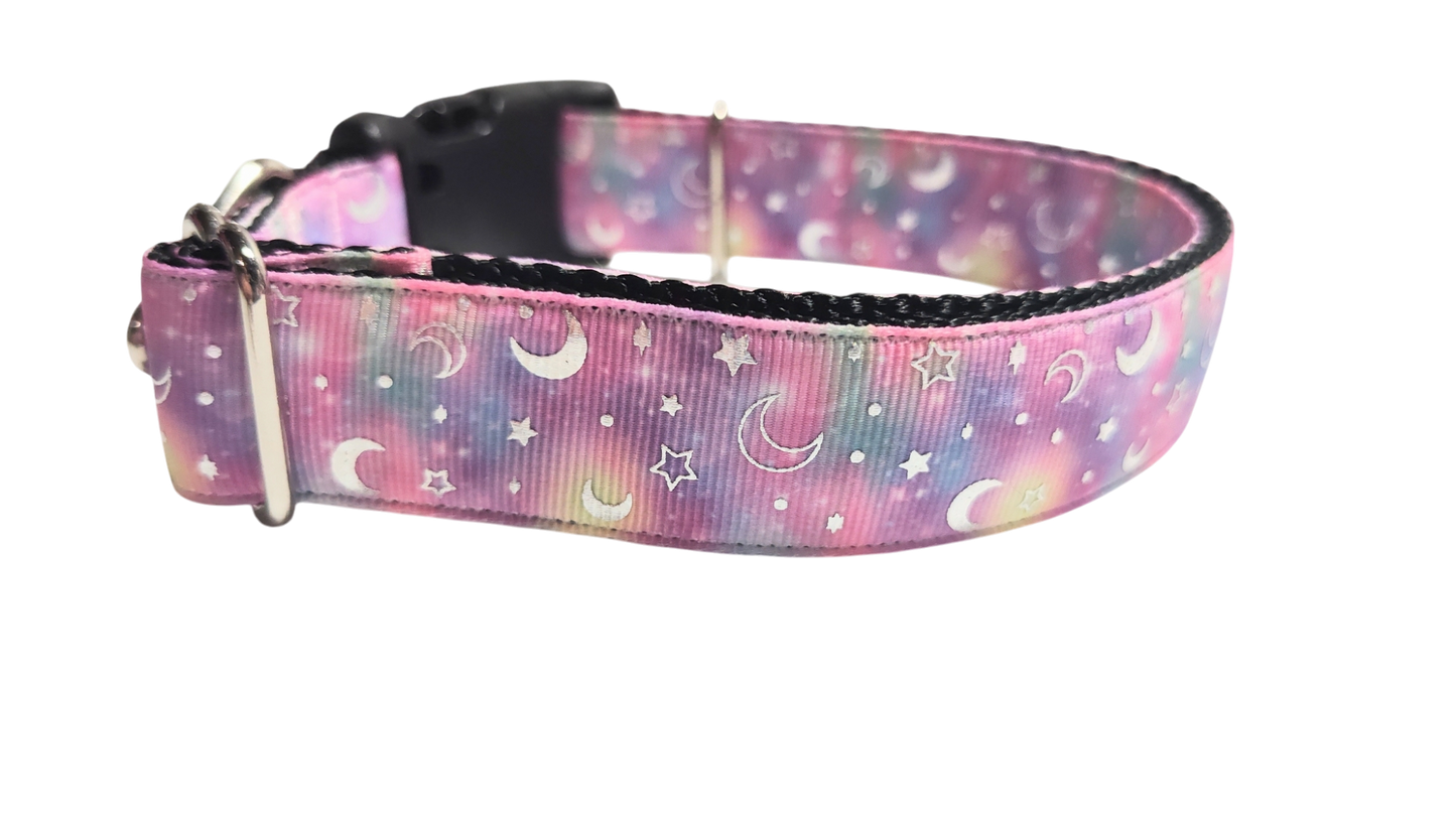 Pink Galaxy Moon and Stars Nylon Dog Collar