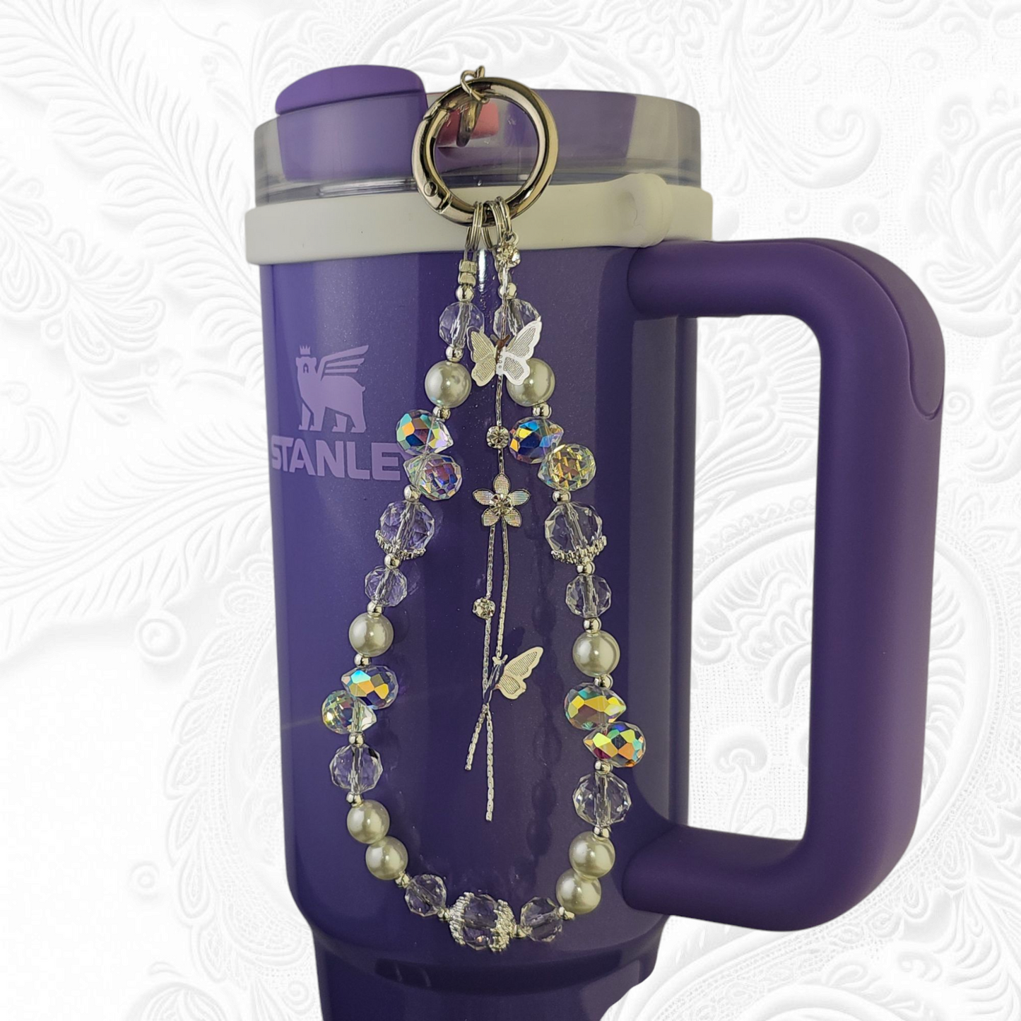 Deluxe Butterfly Beaded Tumbler Charm Necklace - White