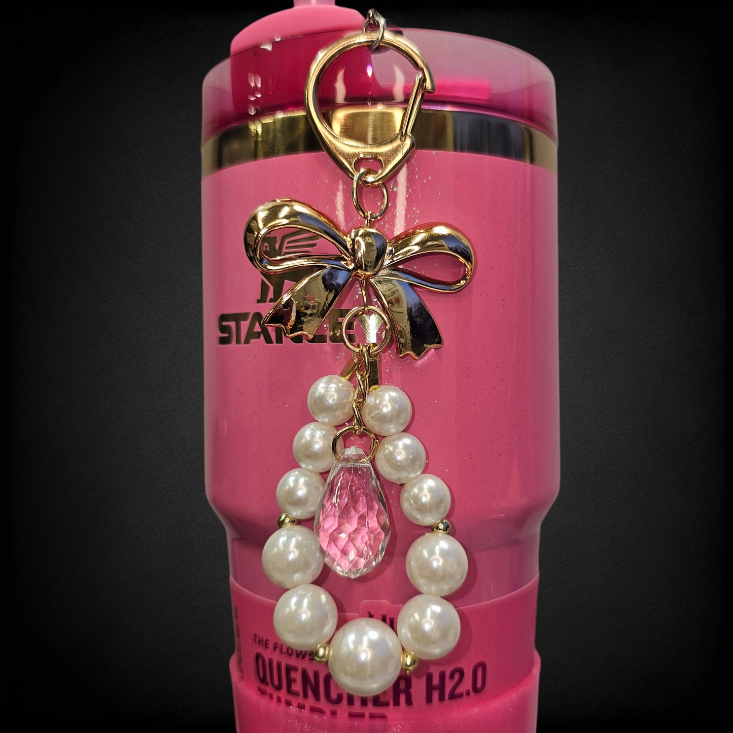 Gold Ribbon Bow and Faux Pearl Beaded Tumbler Charm