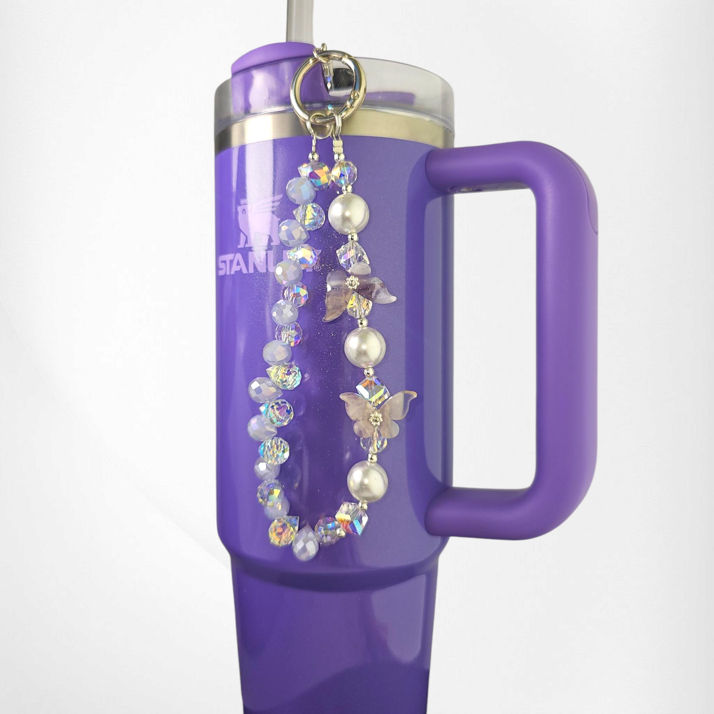 Crystal Beaded Butterfly Tumbler Charm Bracelet - Purple