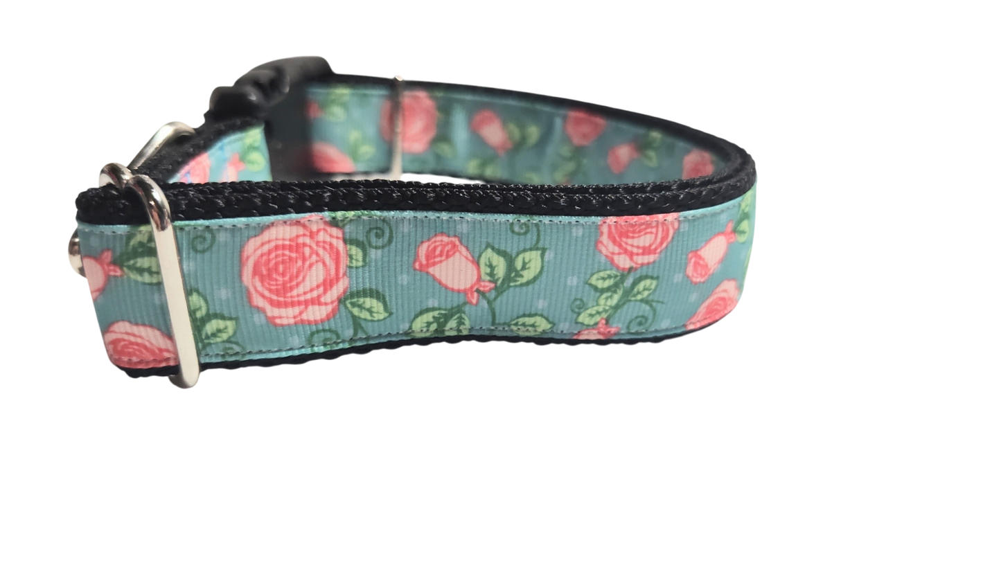 Roses on Blue Nylon Dog Collar