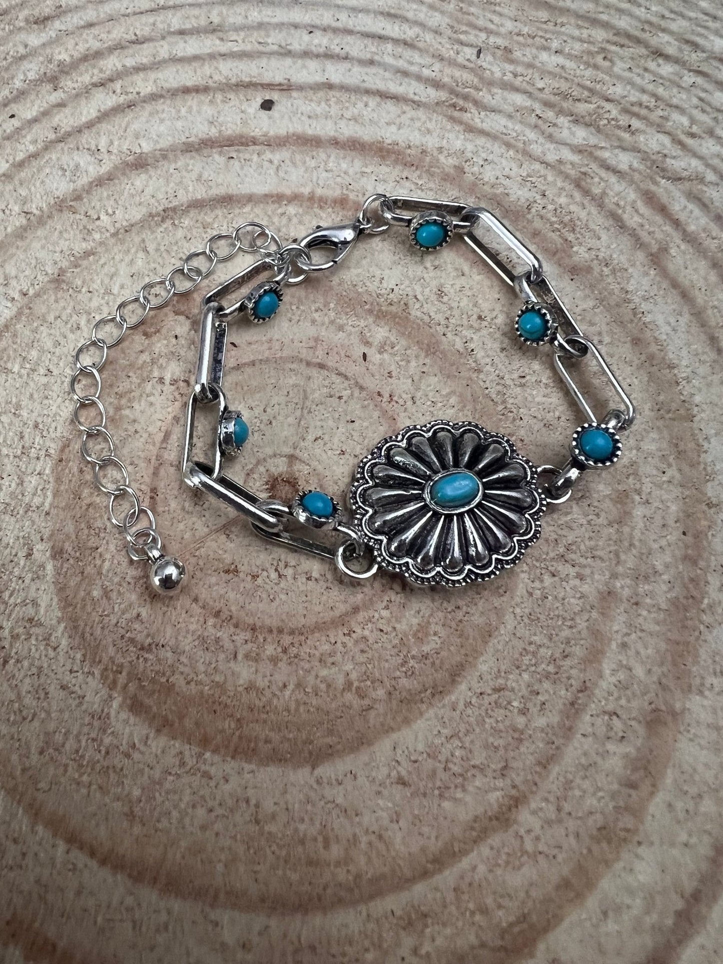 Soldered Faux Turquoise Chain Concho Bracelet with 3 inch extender