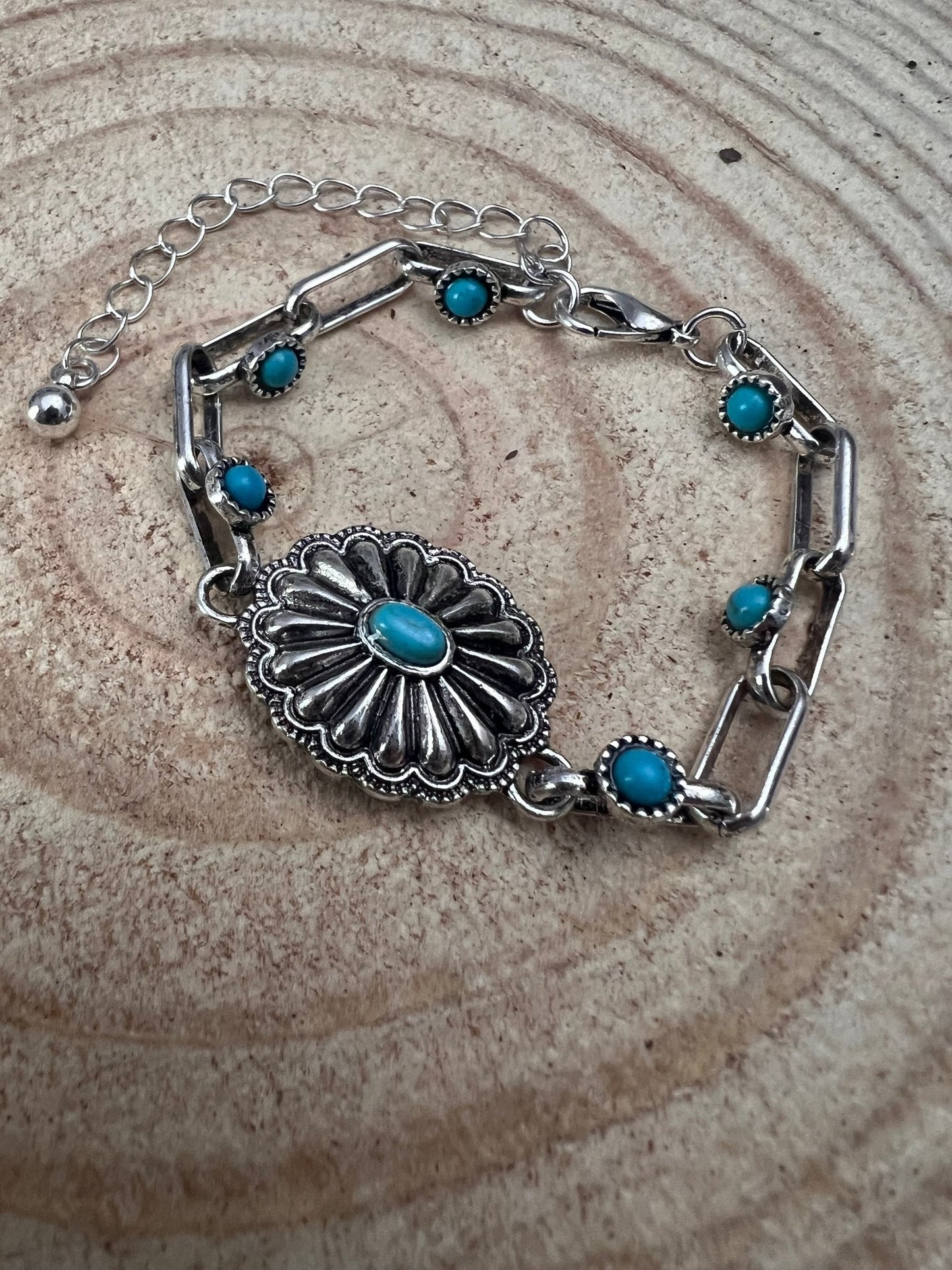 Soldered Faux Turquoise Chain Concho Bracelet with 3 inch extender