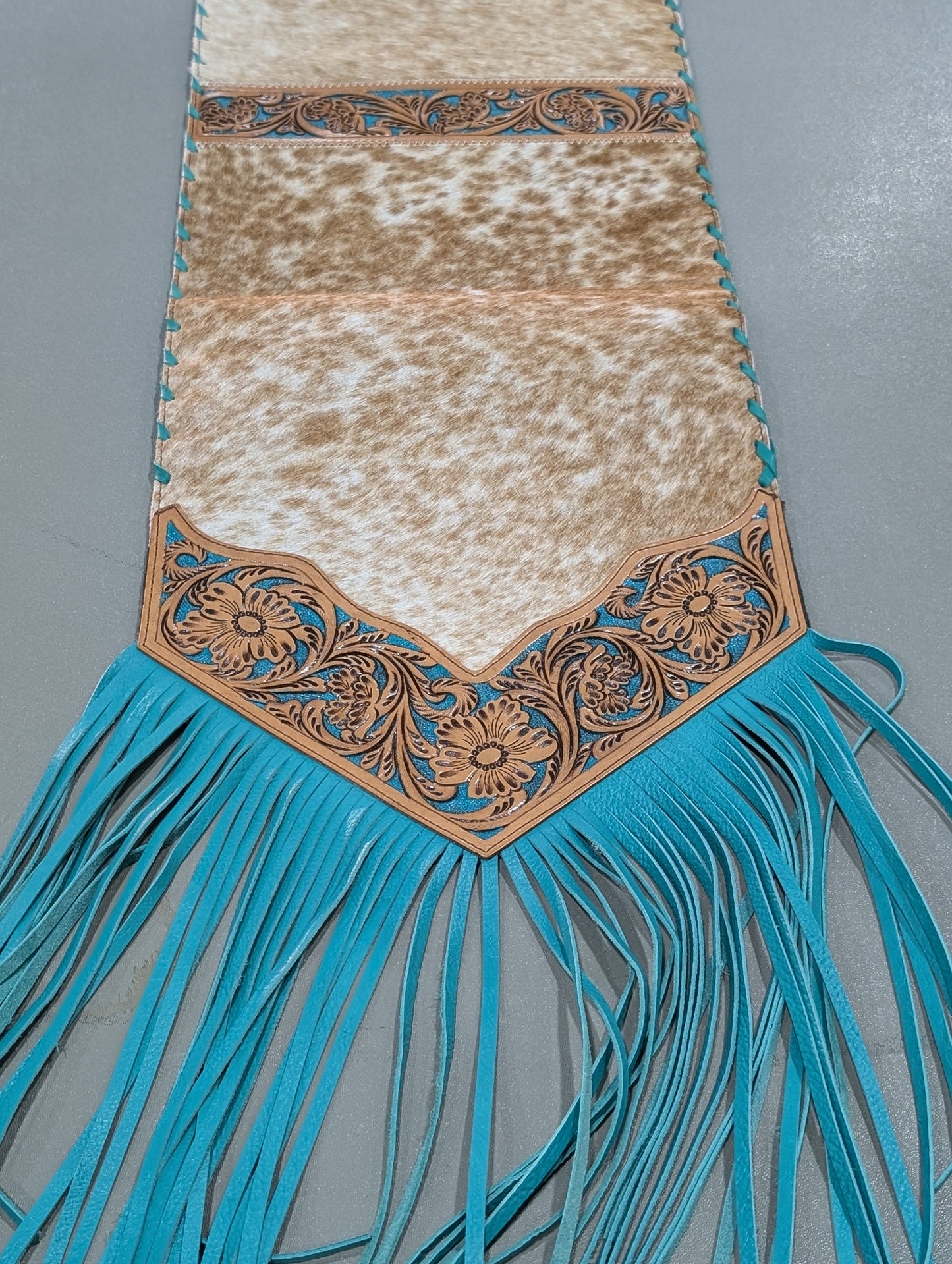 6ft Genuine Cowhide Table Runner – Tooled Leather Ends & Teal Fringe
