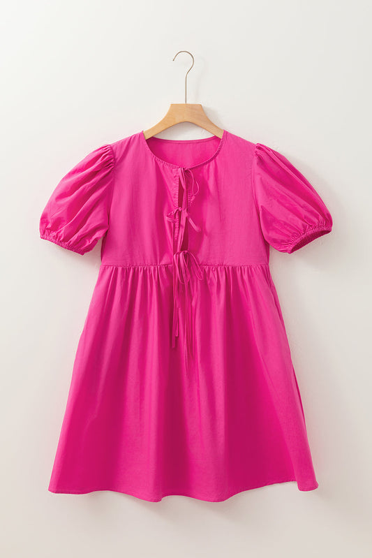 Solid Puff Sleeve Bow Tie Front Mini Dress