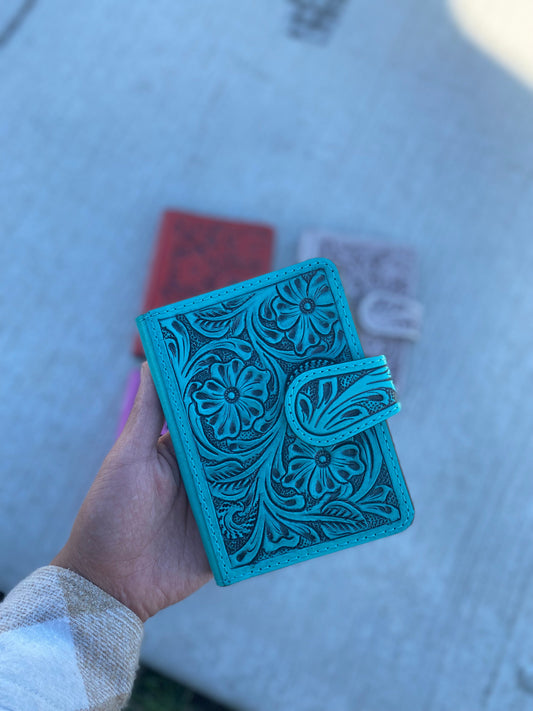 Turquoise Floral Tooled Leather Passport Cover