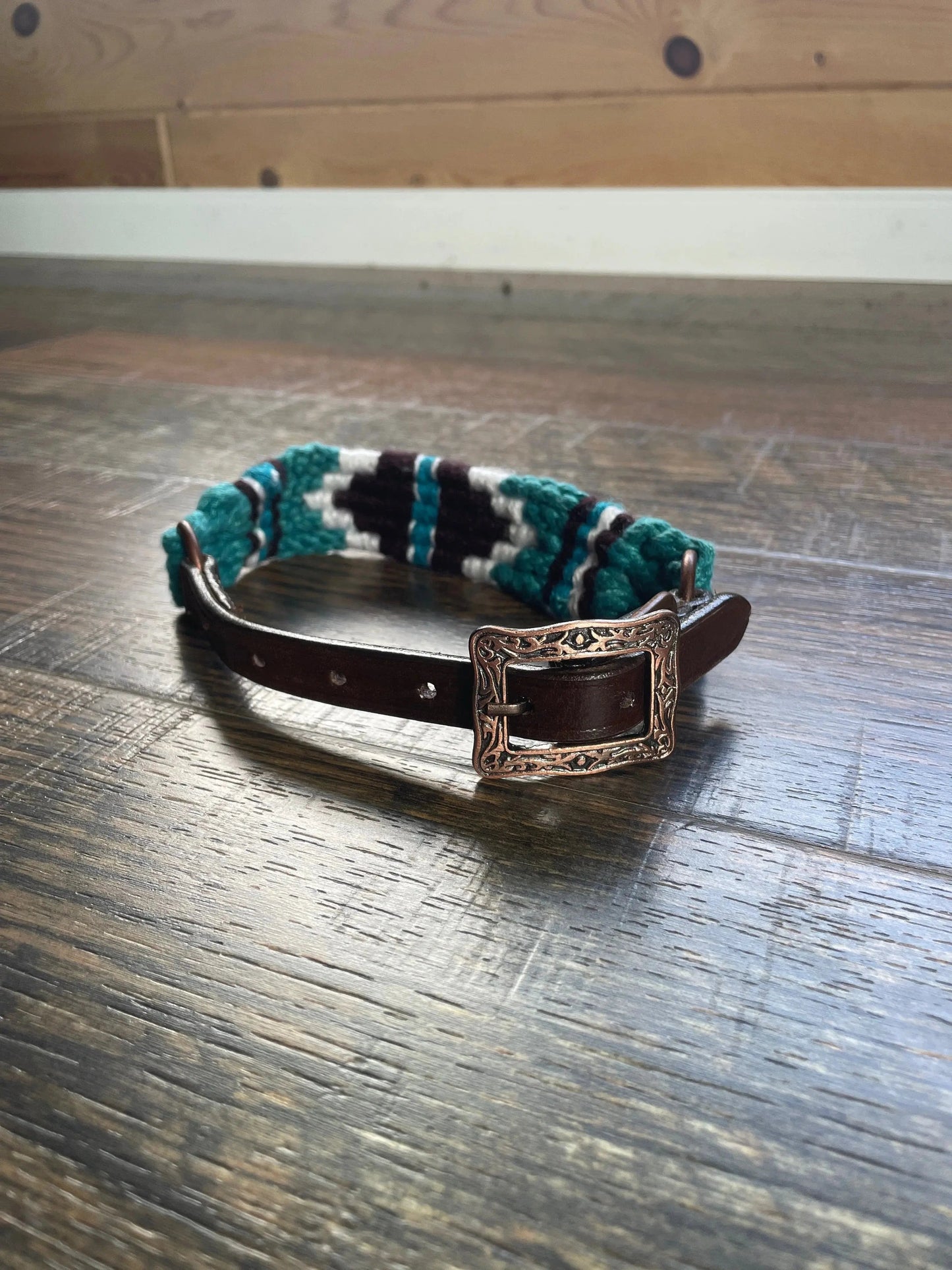 Corded Leather Dog Collar - Teal/White