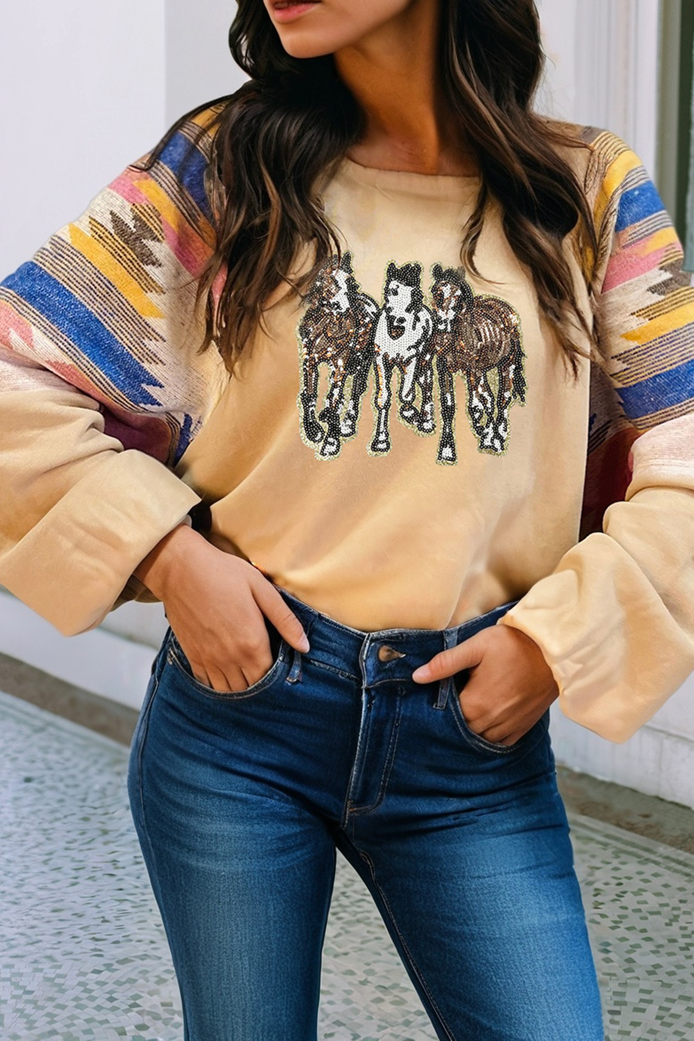 Sequined Western Horses Aztec Sweatshirt – Colorful Graphic Pullover for Fall & Winter