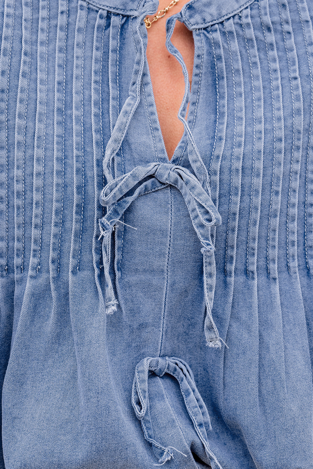 Denim Pleated Bow Tie Top