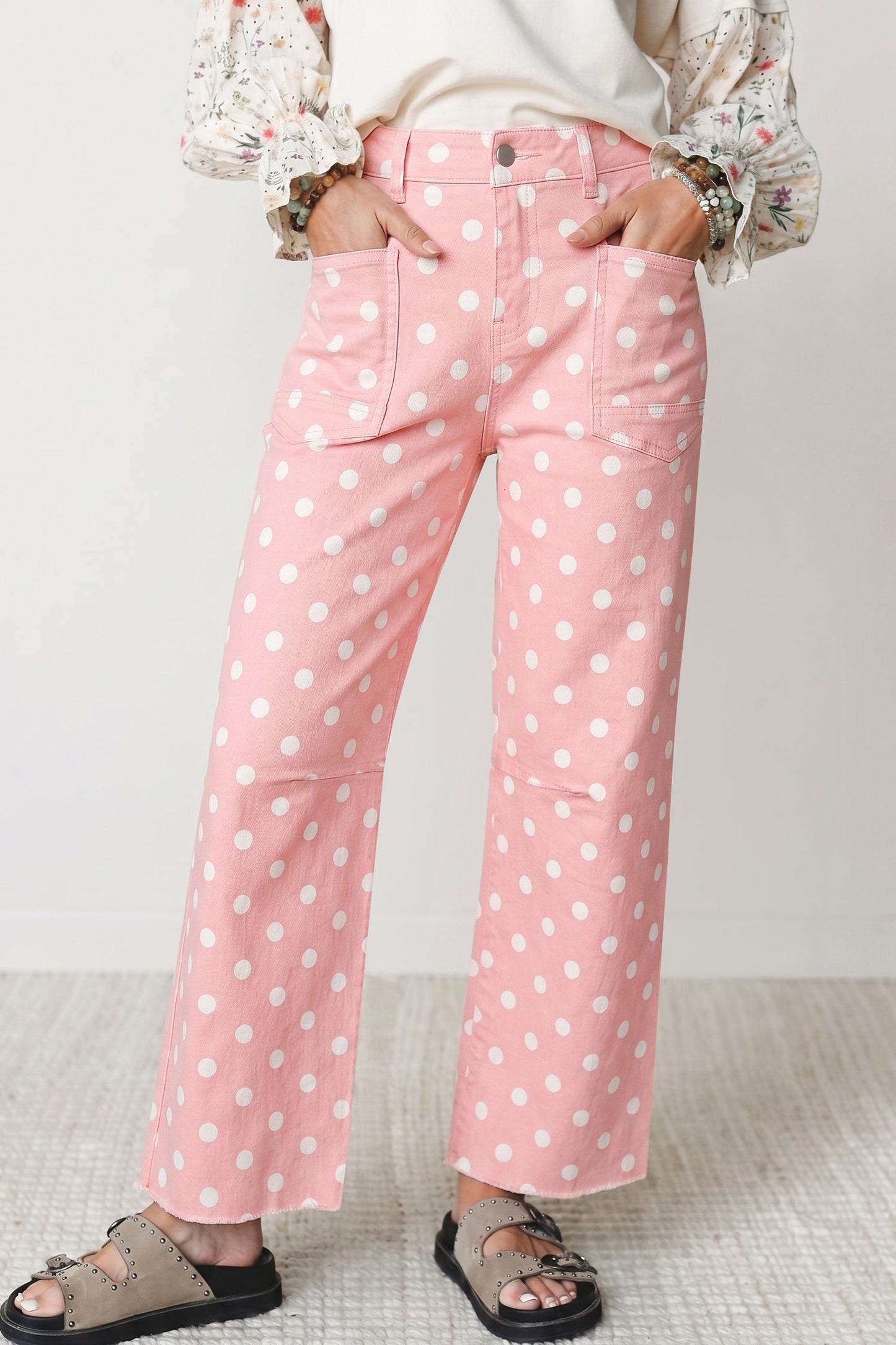 Polka Dot Denim Raw Hem Barrel Jeans