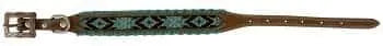 Genuine leather dog collar with teal, white, and black southwest beaded inlay design, a rawhide wrapped edge
