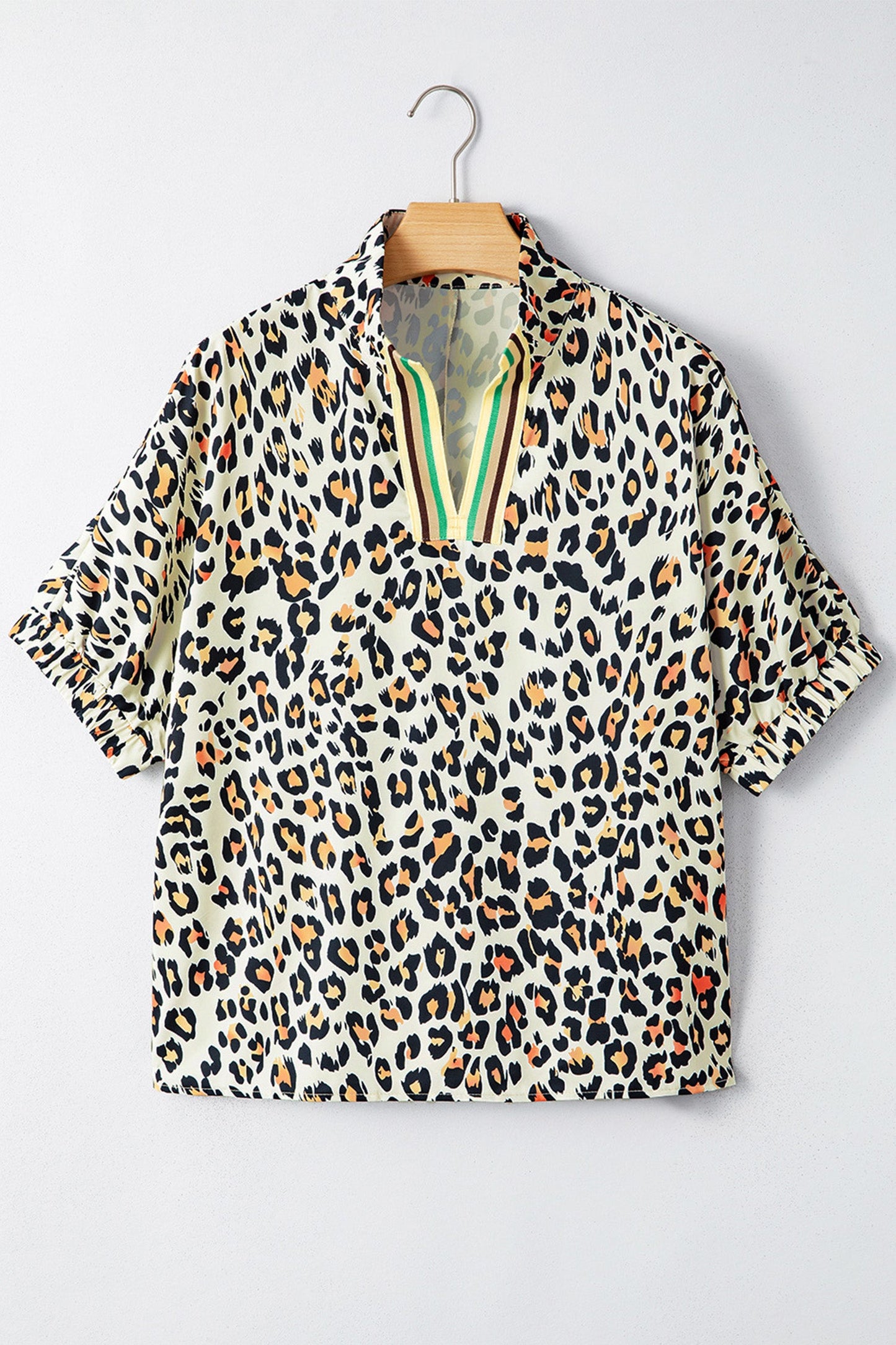 Leopard Colorblock Contrast V-Neck Short Sleeve Blouse