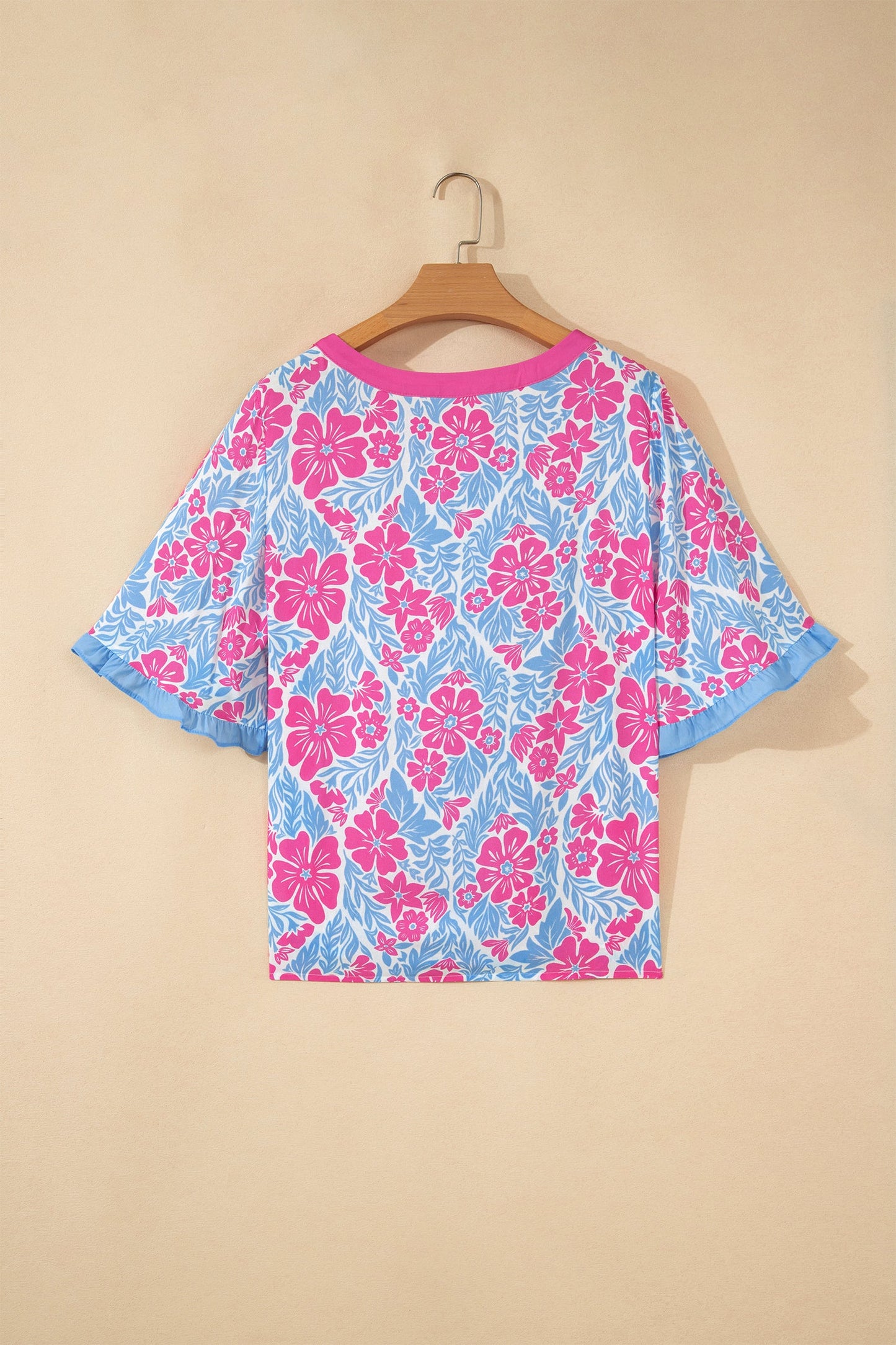 Floral Colorblock Trim Ruffle 3/4 Sleeve Blouse