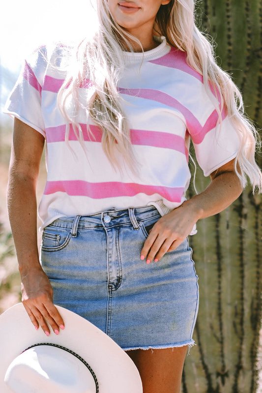 Stripe Knit Dropped Short Sleeve Sweater